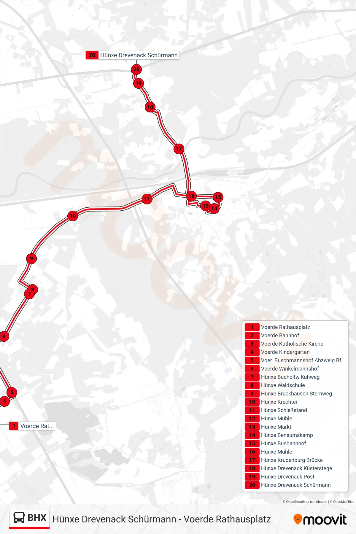 BHX bus Line (Hünxe Drevenack Schürmann) route and stops on a map