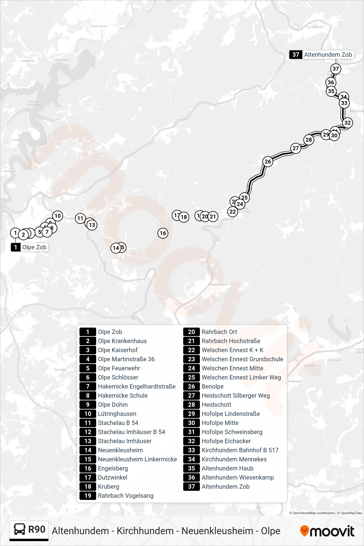 R90 bus Line (Altenhundem Zob Bstg 2b) route and stops on a map