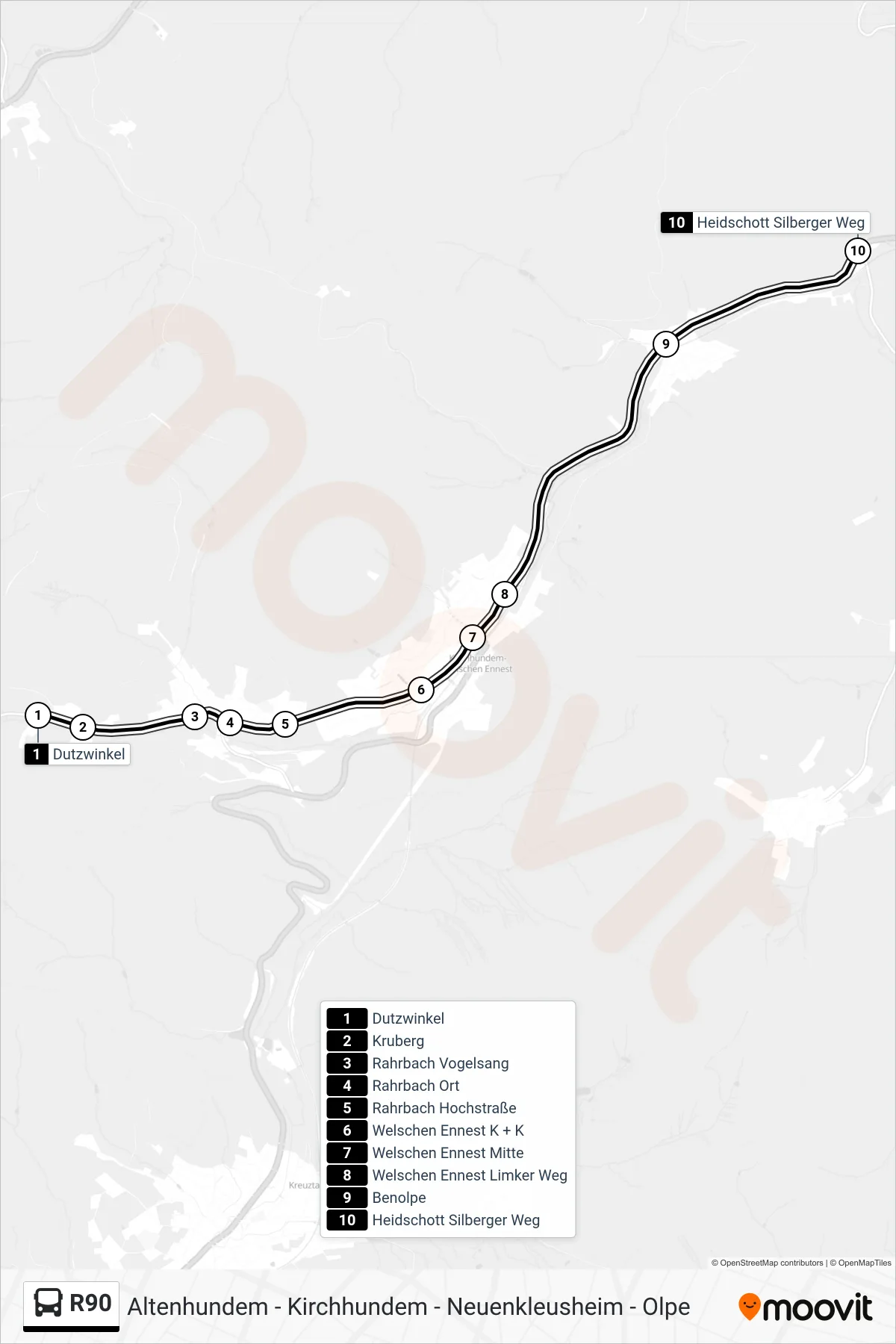 R90 bus Line (Heidschott Silberger Weg) route and stops on a map