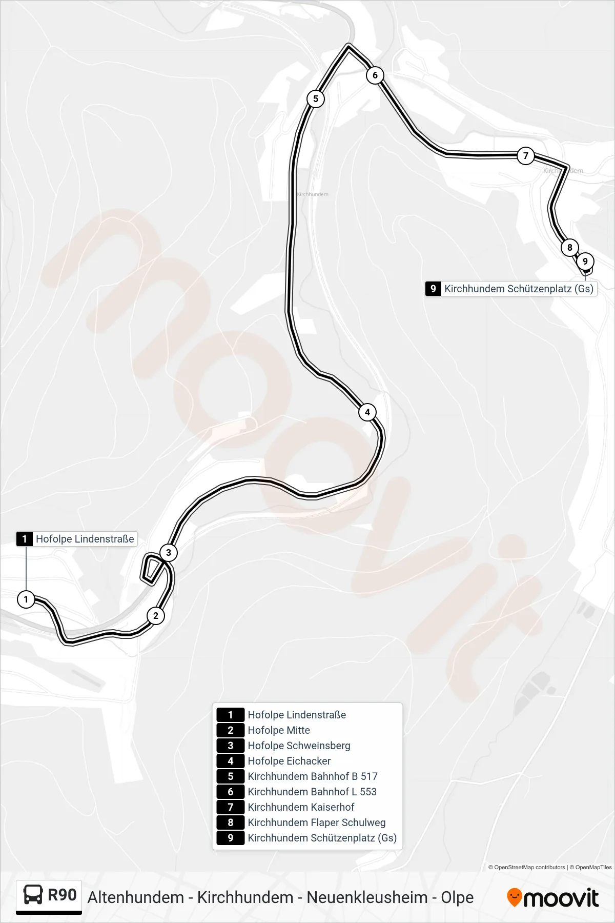R90 bus Line (Kirchhundem Schützenplatz (Gs)) route and stops on a map