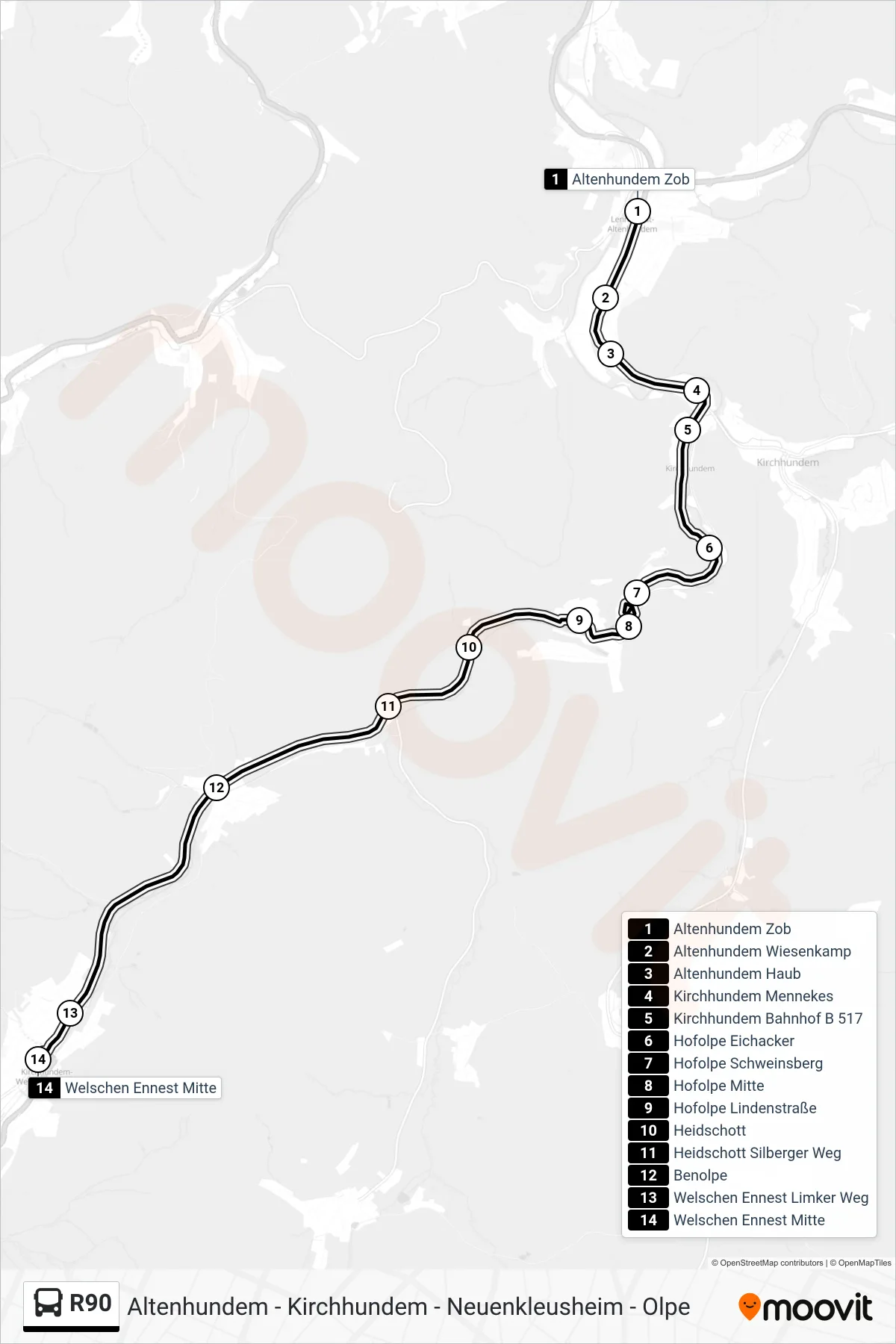 R90 bus Line (Welschen Ennest Mitte) route and stops on a map