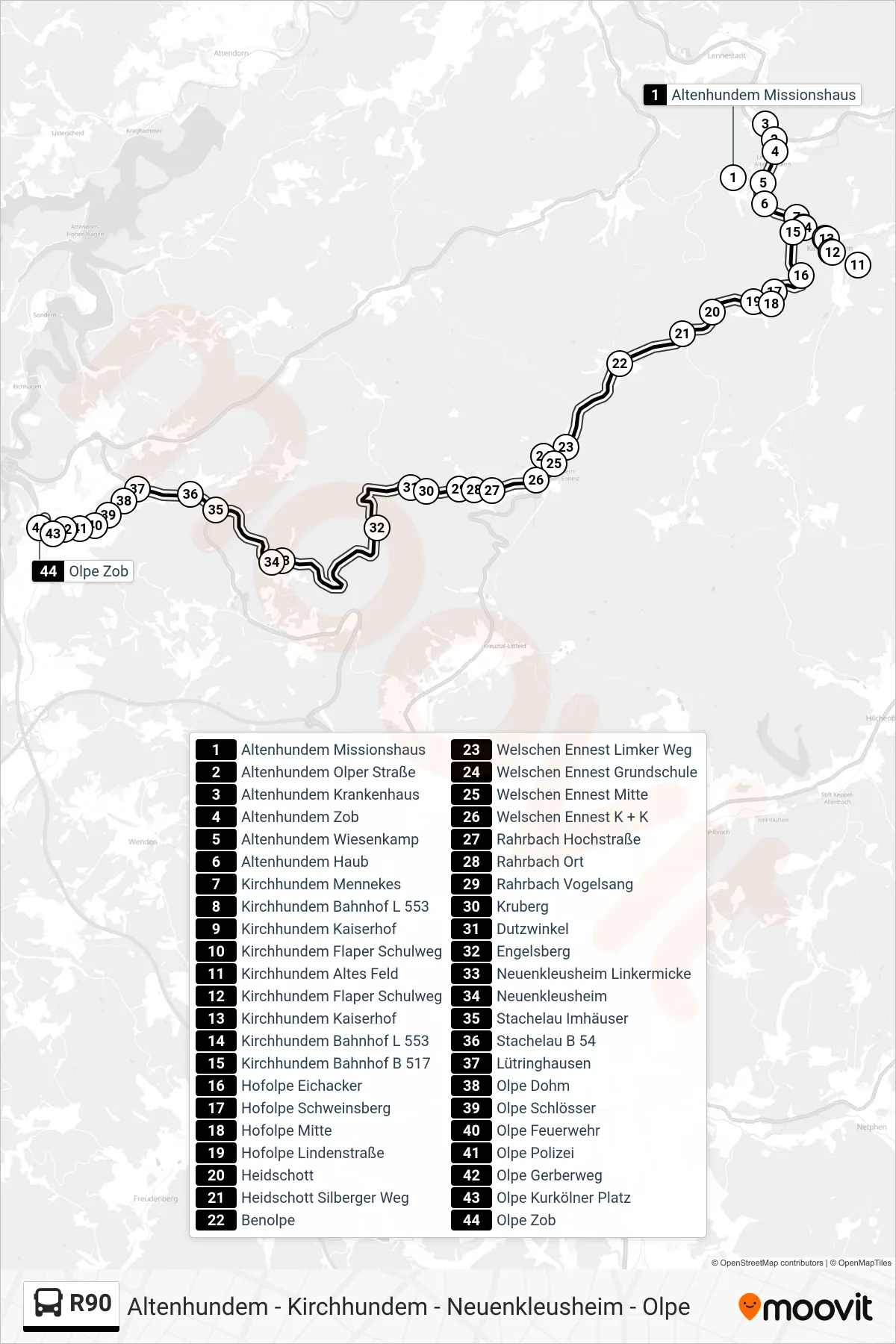 R90 bus Line (Olpe Zob Bstg 9) route and stops on a map