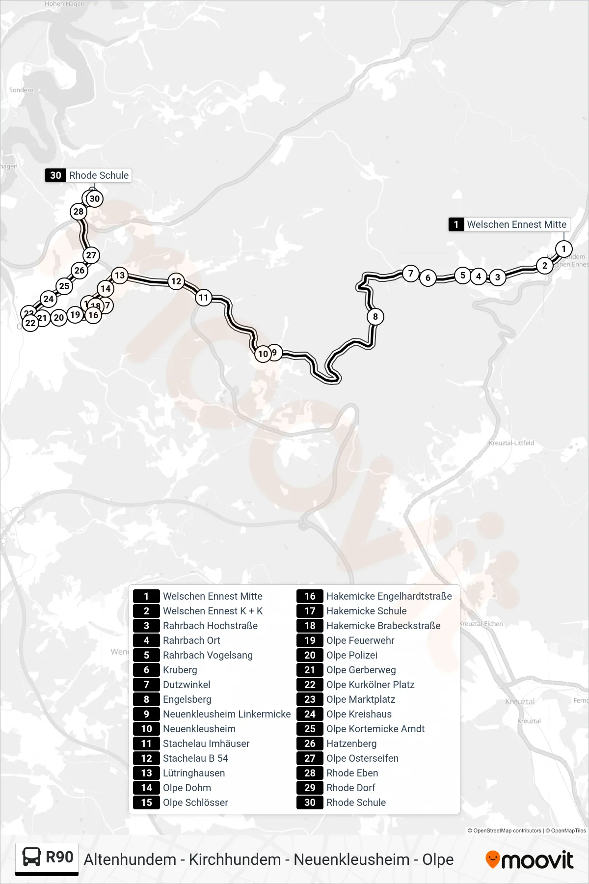 R90 bus Line (Rhode Schule) route and stops on a map