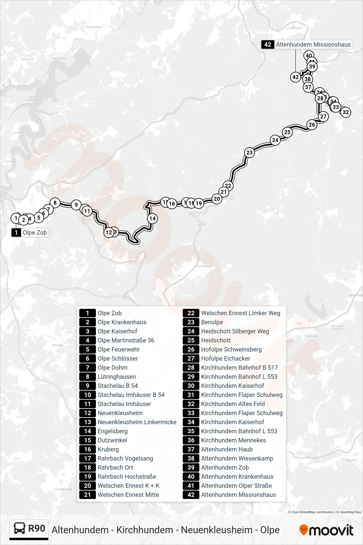 R90 bus Line (Altenhundem Missionshaus) route and stops on a map