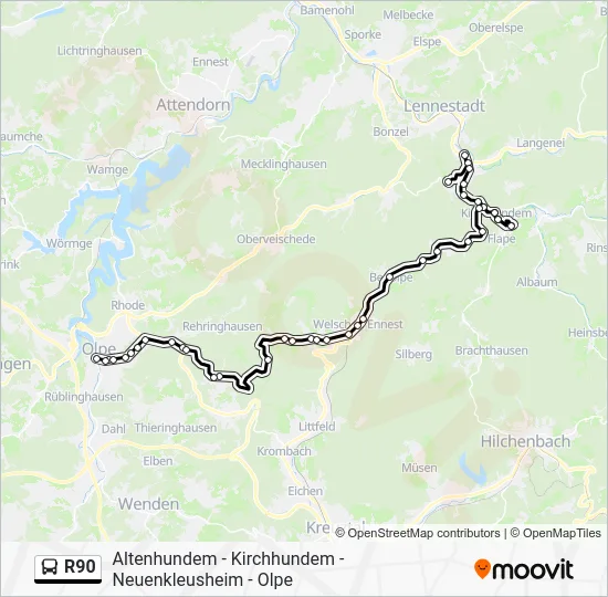 Автобус R90: карта маршрута