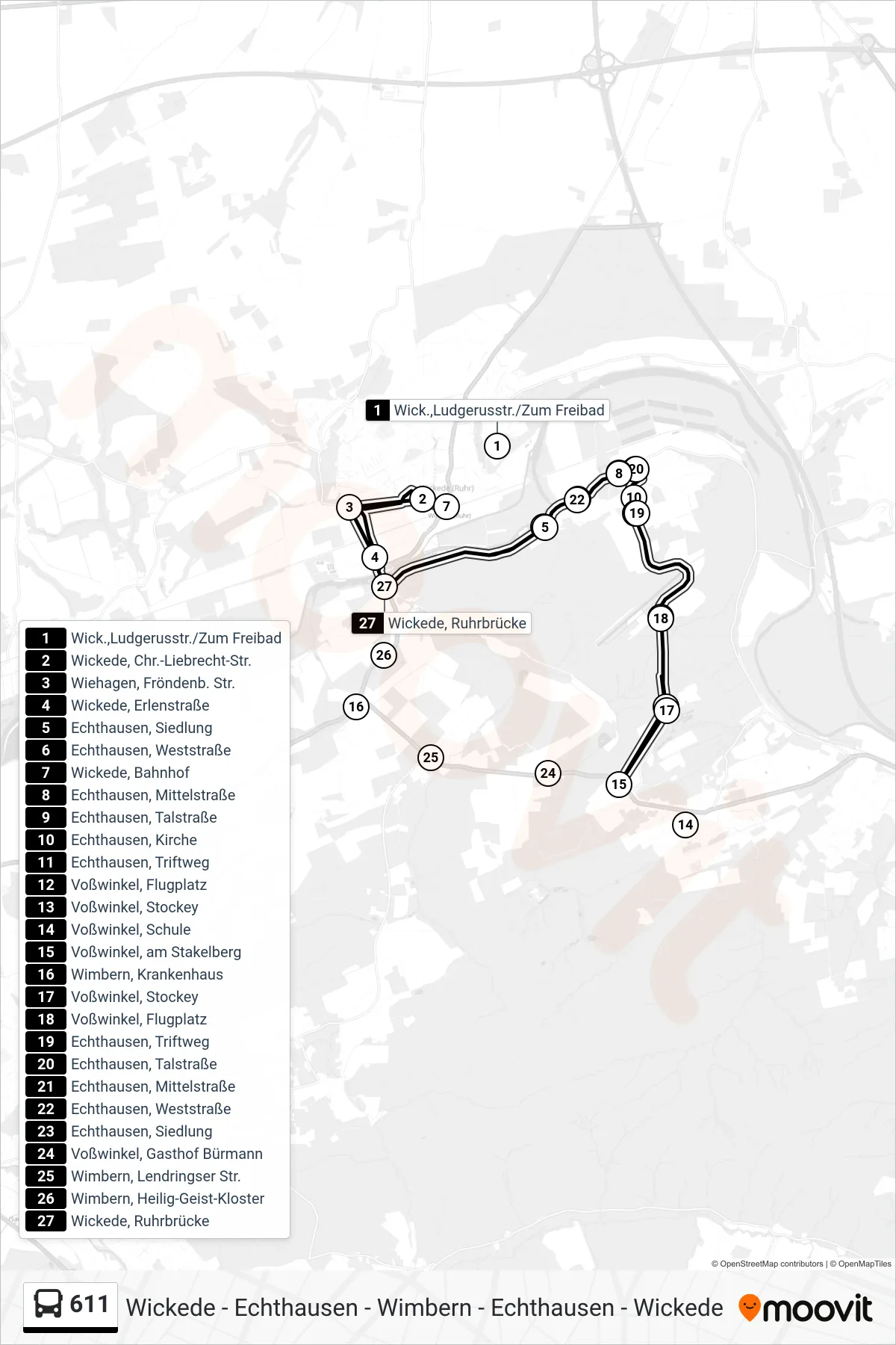 611 bus Line (Wickede, Bahnhof) route and stops on a map