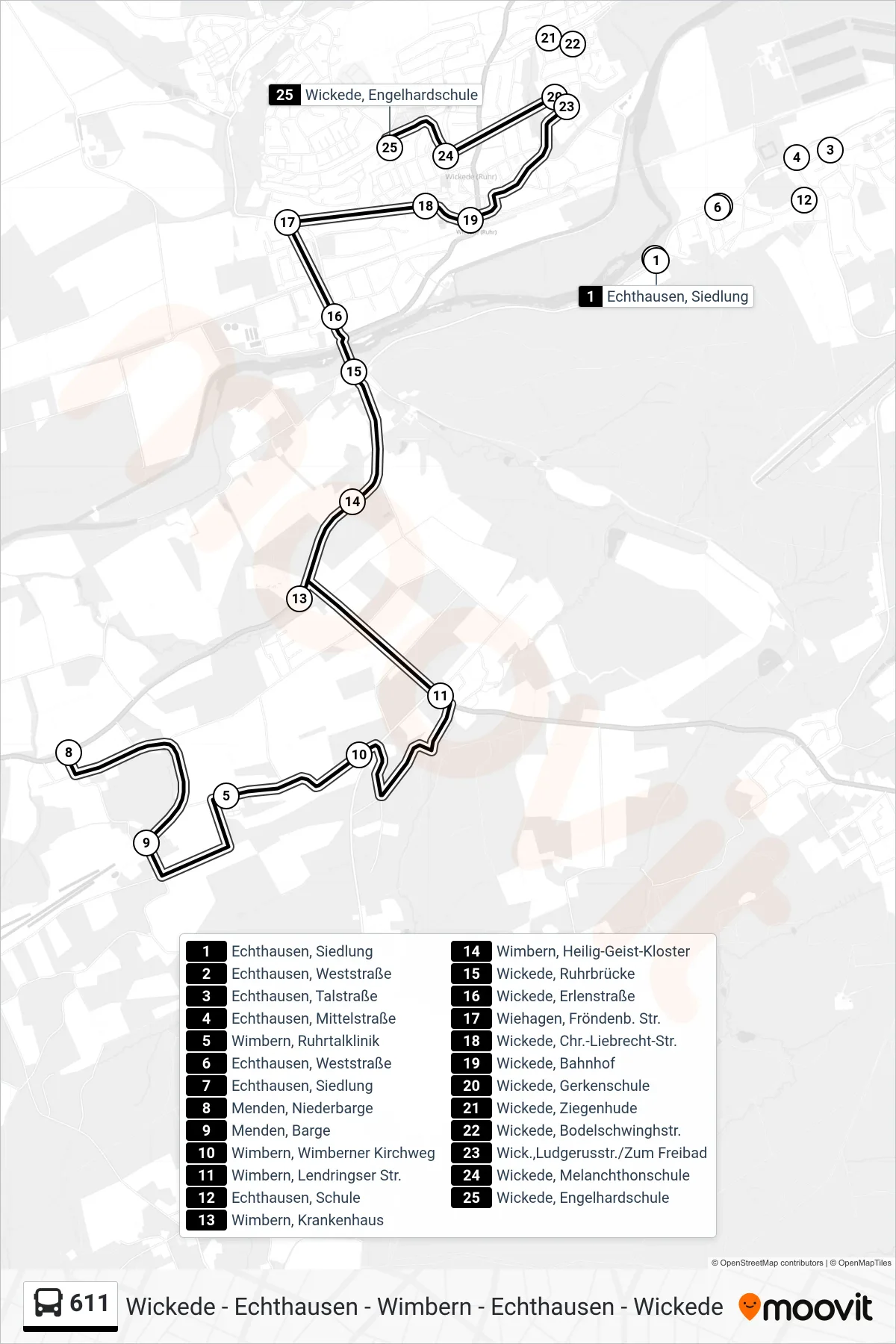 611 bus Line (Wickede, Engelhardschule) route and stops on a map
