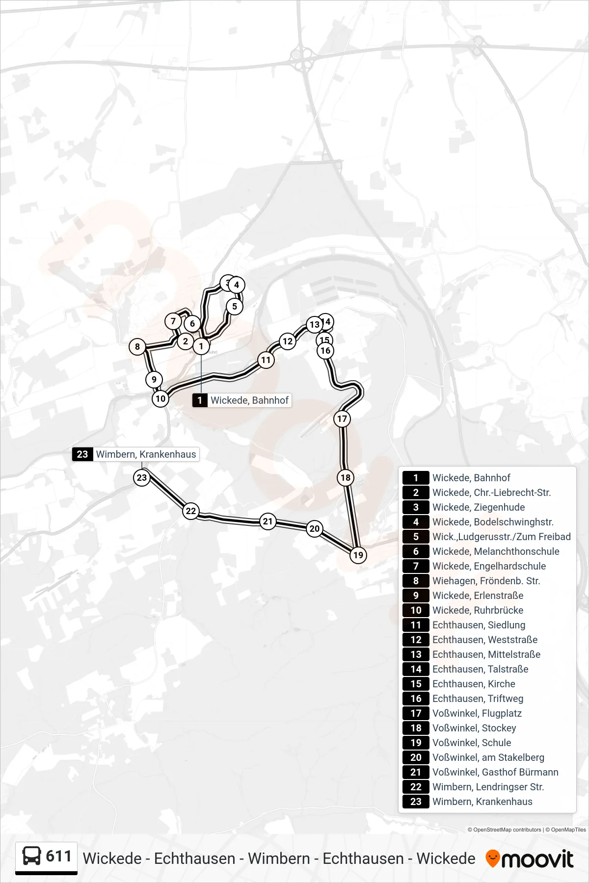 611 bus Line (Wimbern, Krankenhaus) route and stops on a map