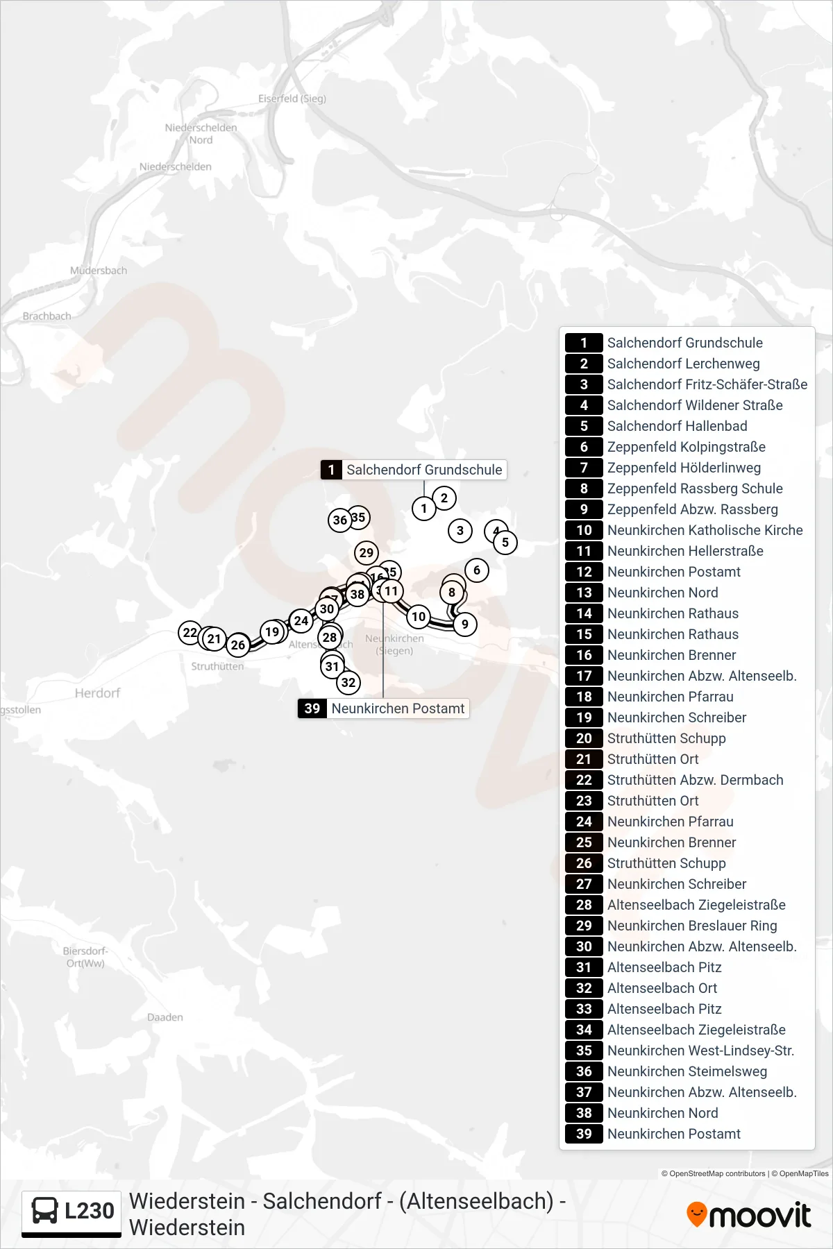 L230 bus Line (Neunkirchen Postamt) route and stops on a map