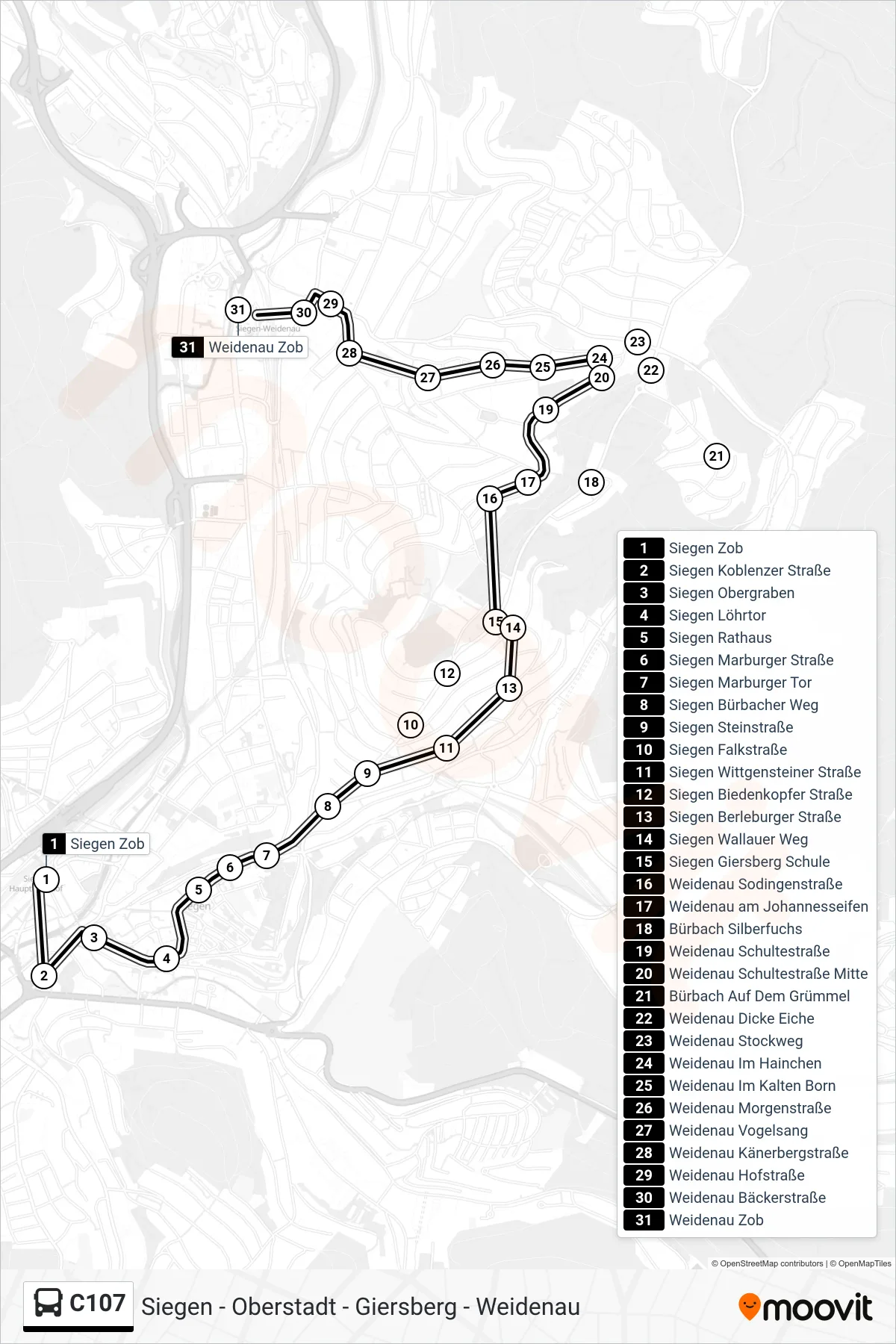 C107 bus Line (Weidenau Zob Bstg 5) route and stops on a map