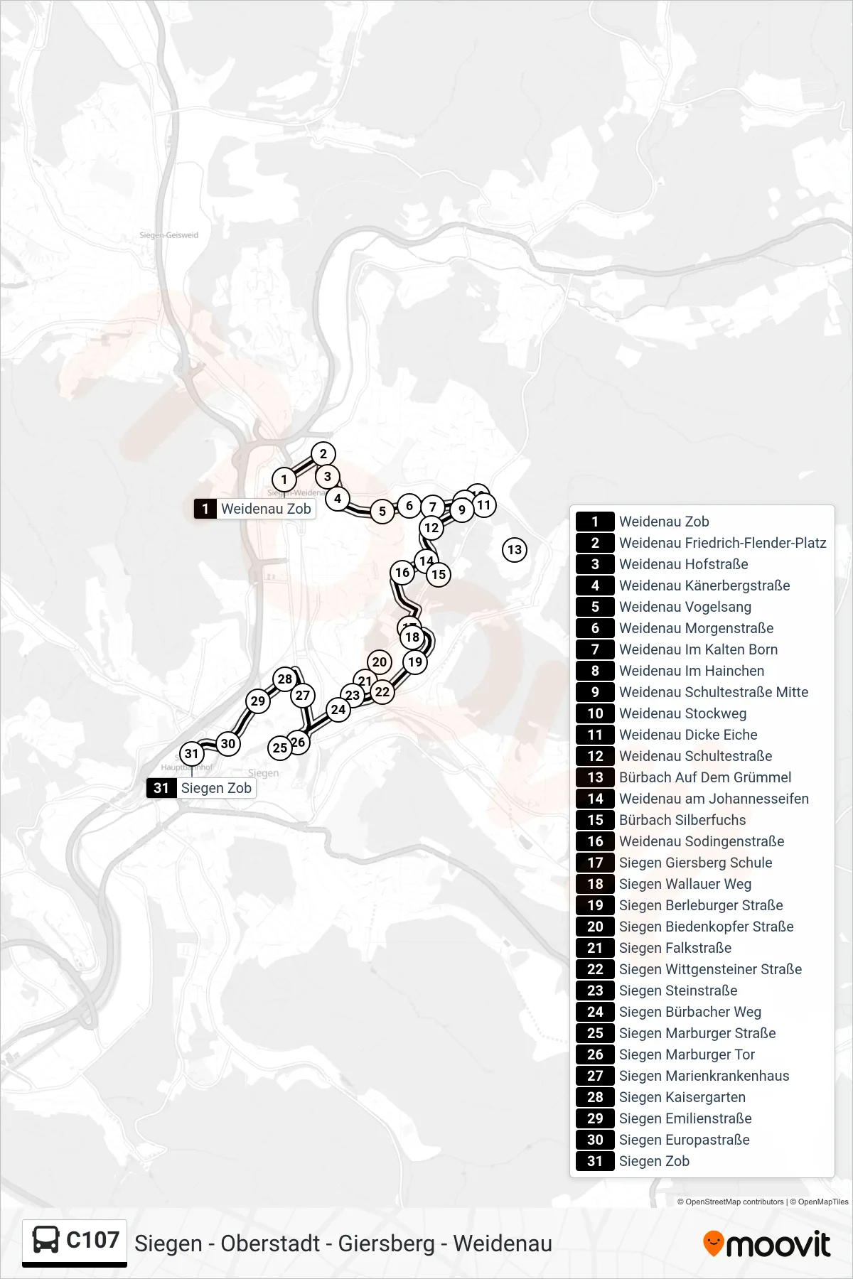 Linie C107 (Bus) Richtung Siegen Zob Bstg A: Route und Haltestellen auf der Karte