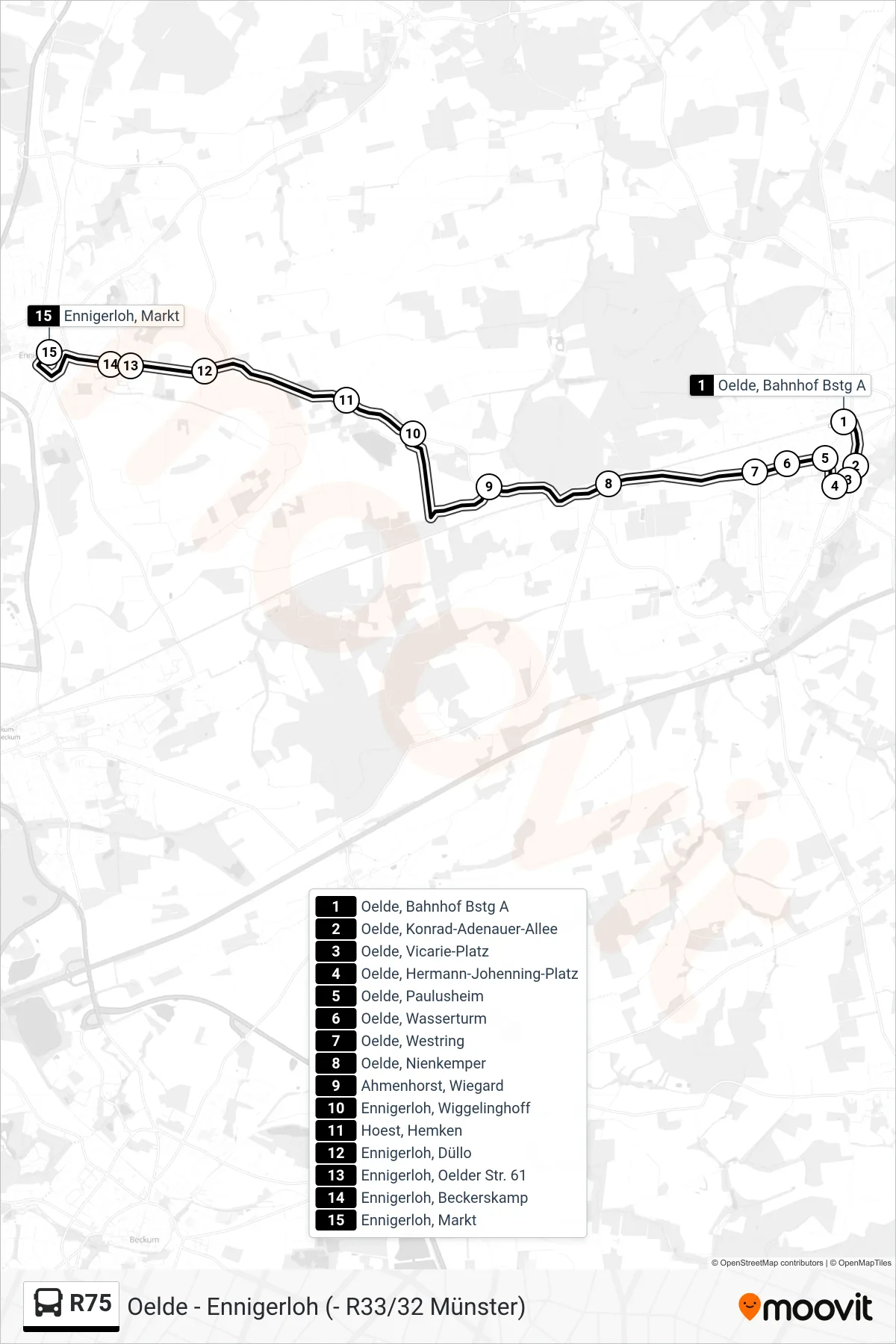 R75 bus Line (Ennigerloh, Markt Bstg C) route and stops on a map