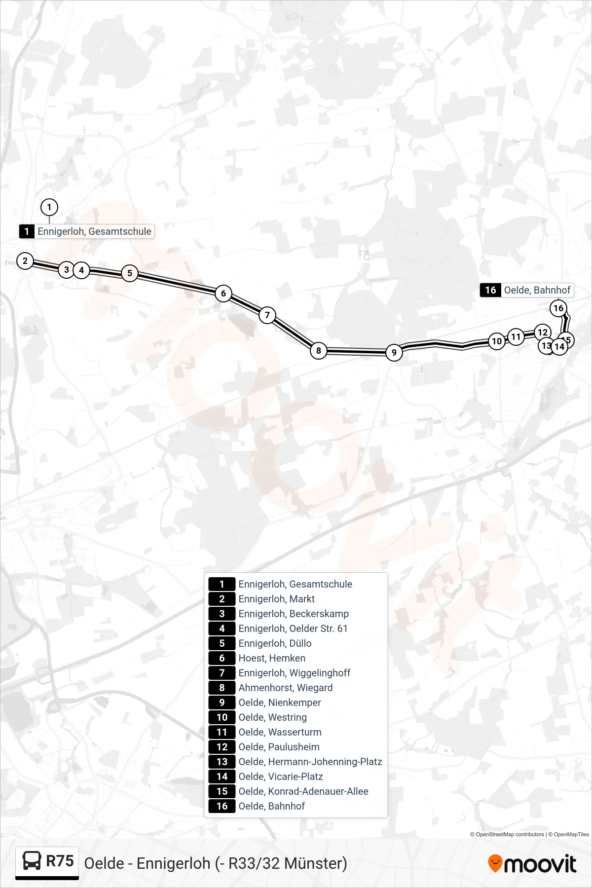 Linie R75 (Bus) Richtung Oelde, Bahnhof: Route und Haltestellen auf der Karte