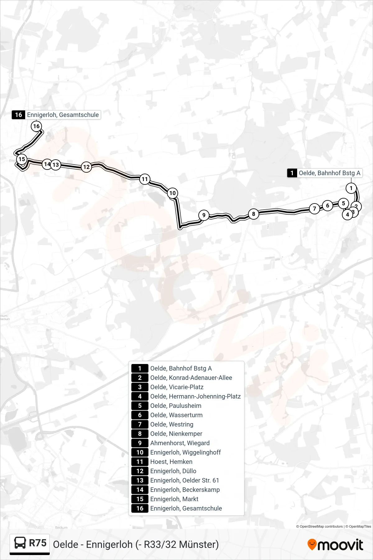Linie R75 (Bus) Richtung Ennigerloh, Gesamtschule: Route und Haltestellen auf der Karte