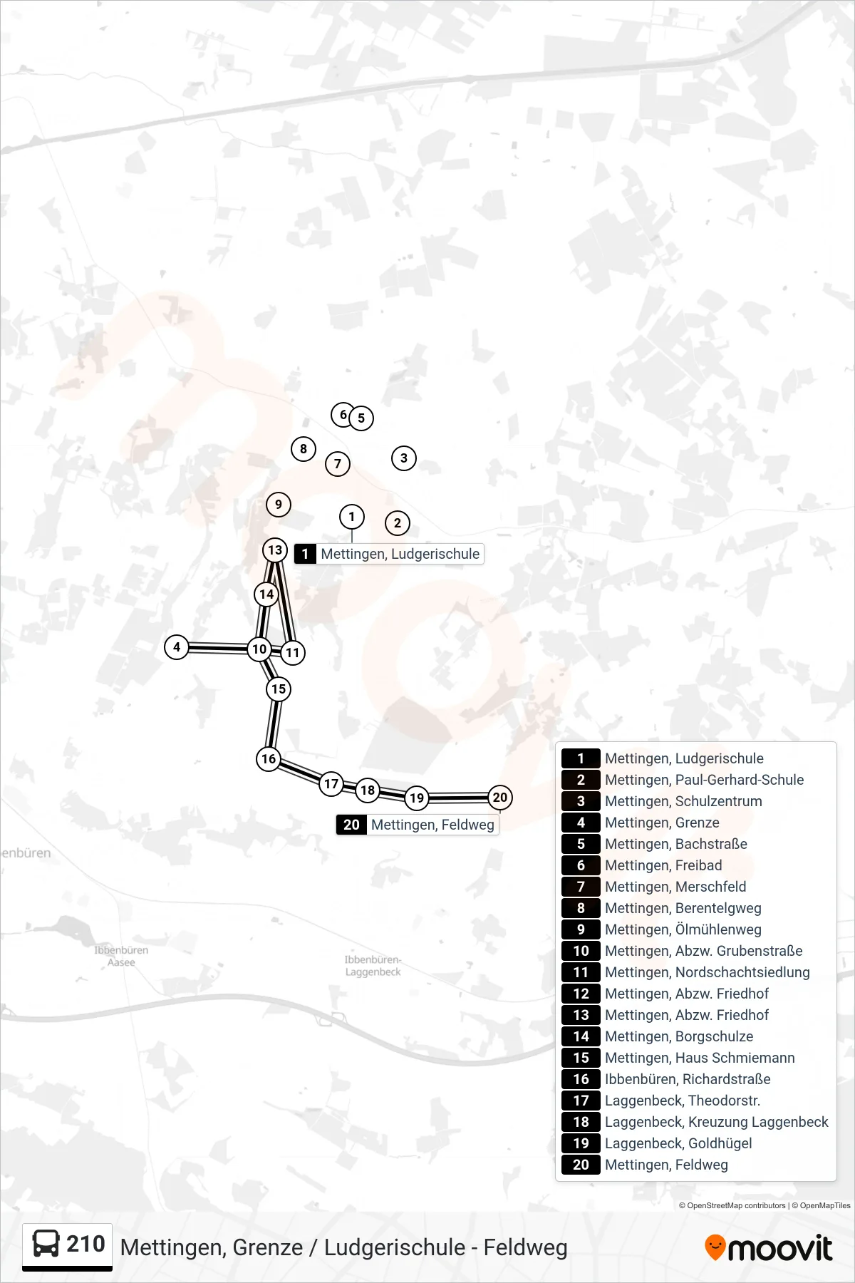 Linie 210 (Bus) Richtung Mettingen, Feldweg: Route und Haltestellen auf der Karte