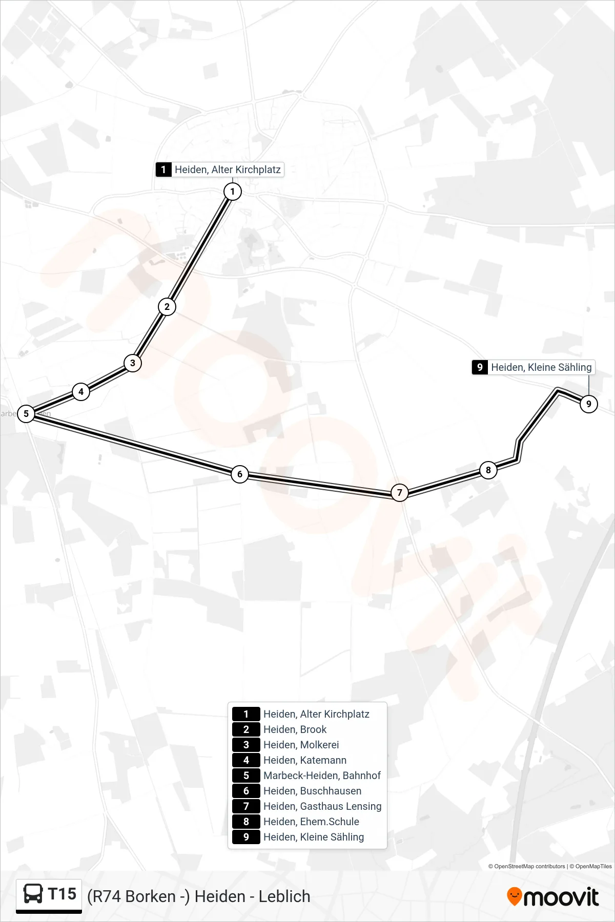 T15 bus Line (Heiden, Kleine Sähling) route and stops on a map