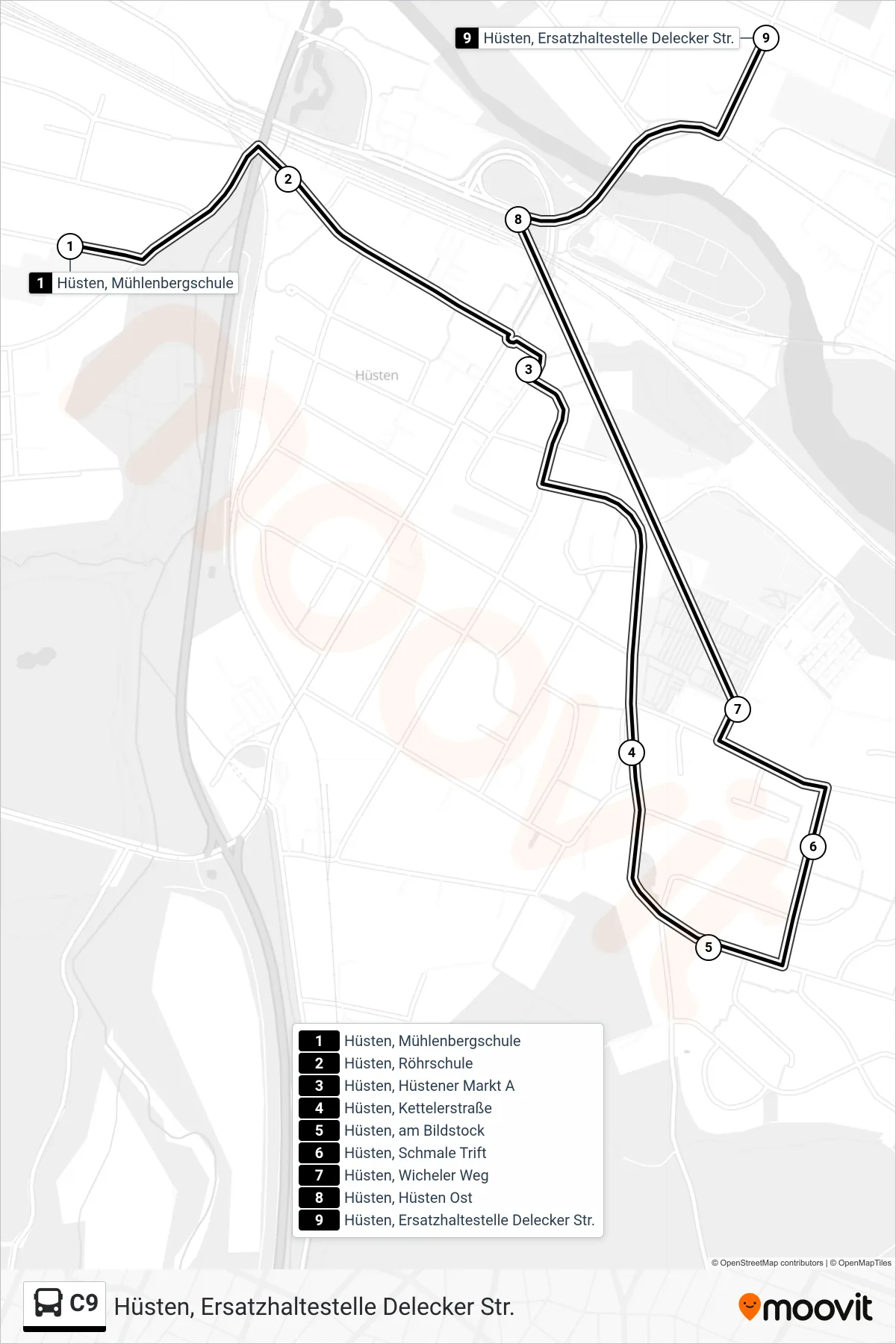 Linie C9 (Bus) Richtung Hüsten, Ersatzhaltestelle Delecker Str.: Route und Haltestellen auf der Karte