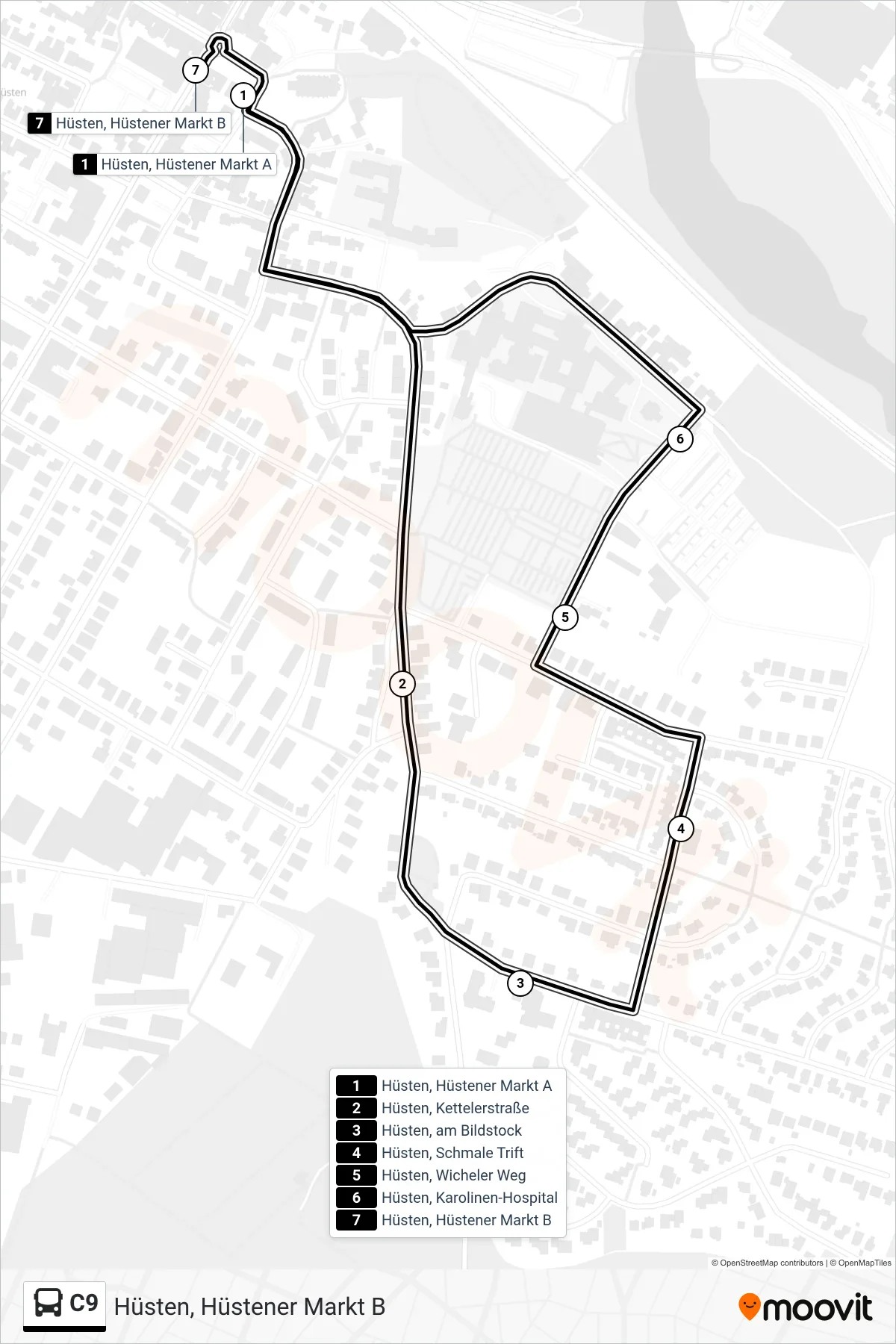 C9 bus Line (Hüsten, Hüstener Markt B) route and stops on a map