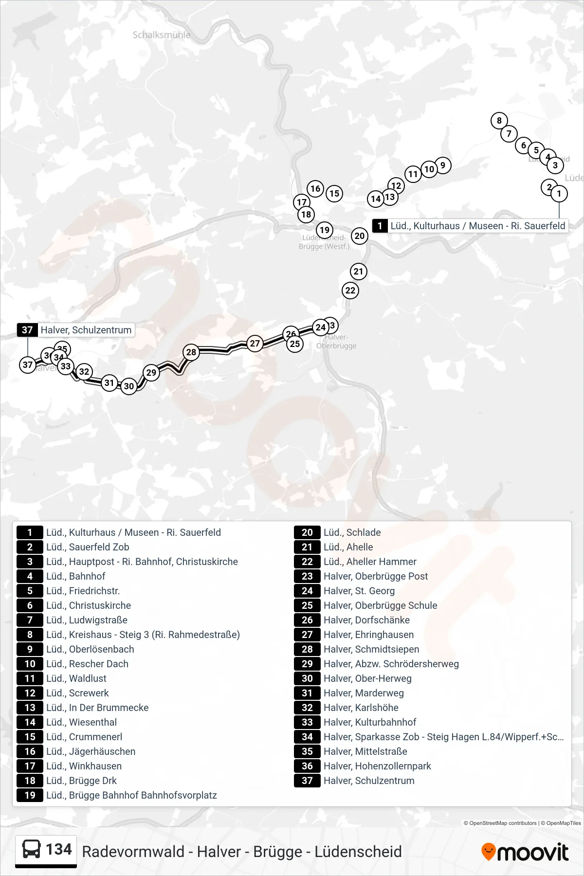 Linie 134 (Bus) Richtung Halver Schulzentr: Route und Haltestellen auf der Karte