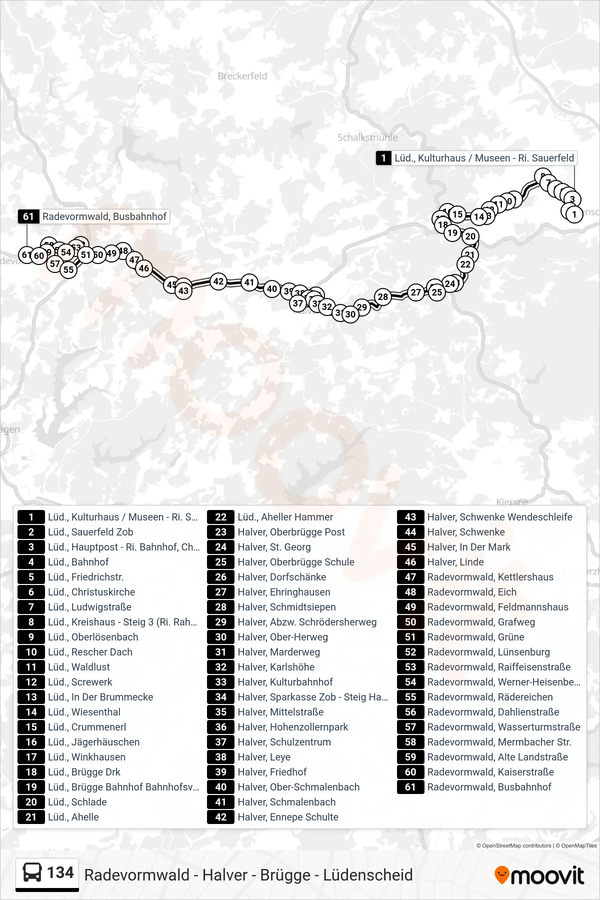 134 bus Line (Radevormwald) route and stops on a map