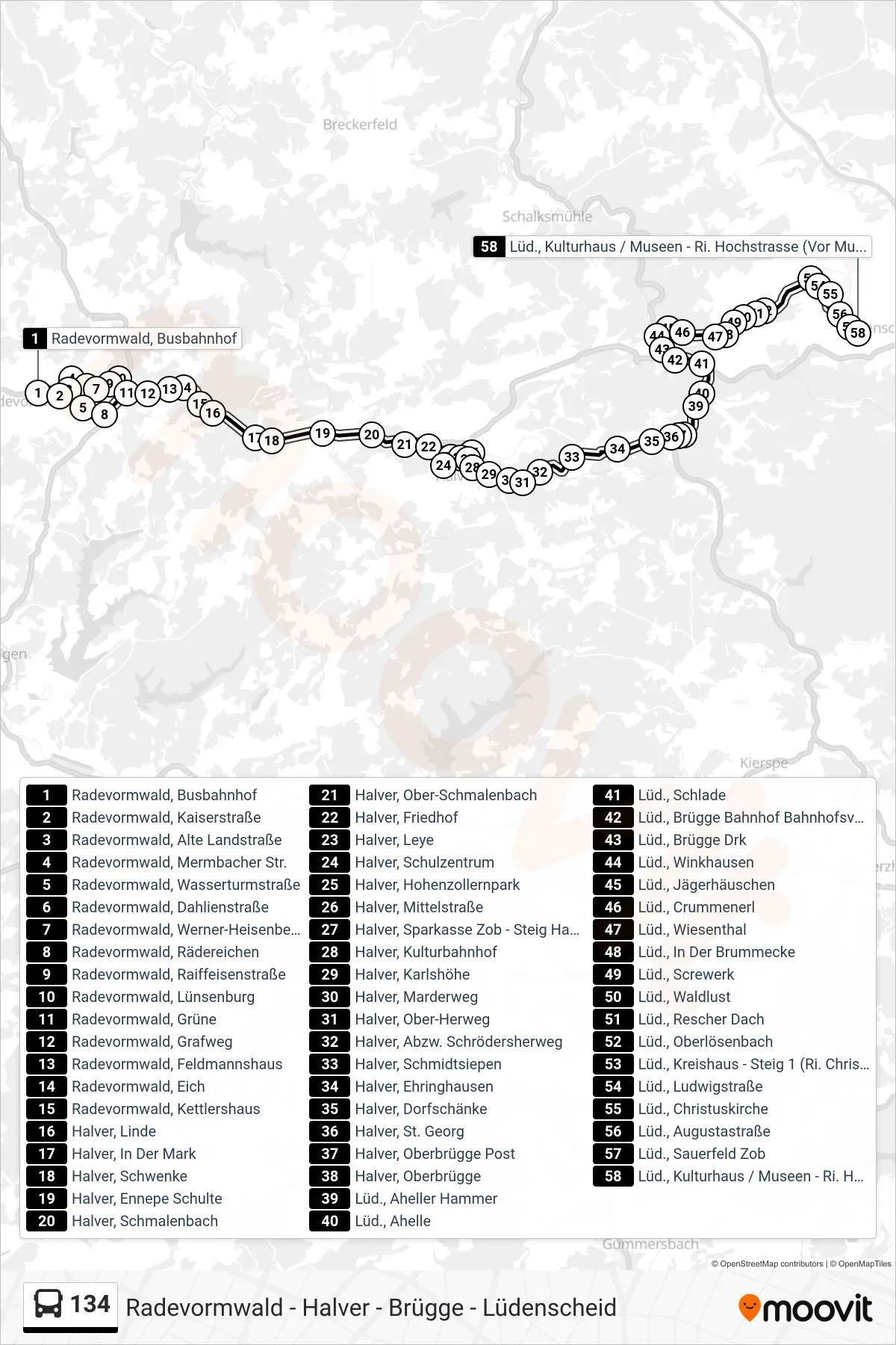 134 bus Line (Lüdens. Kulturhs.) route and stops on a map