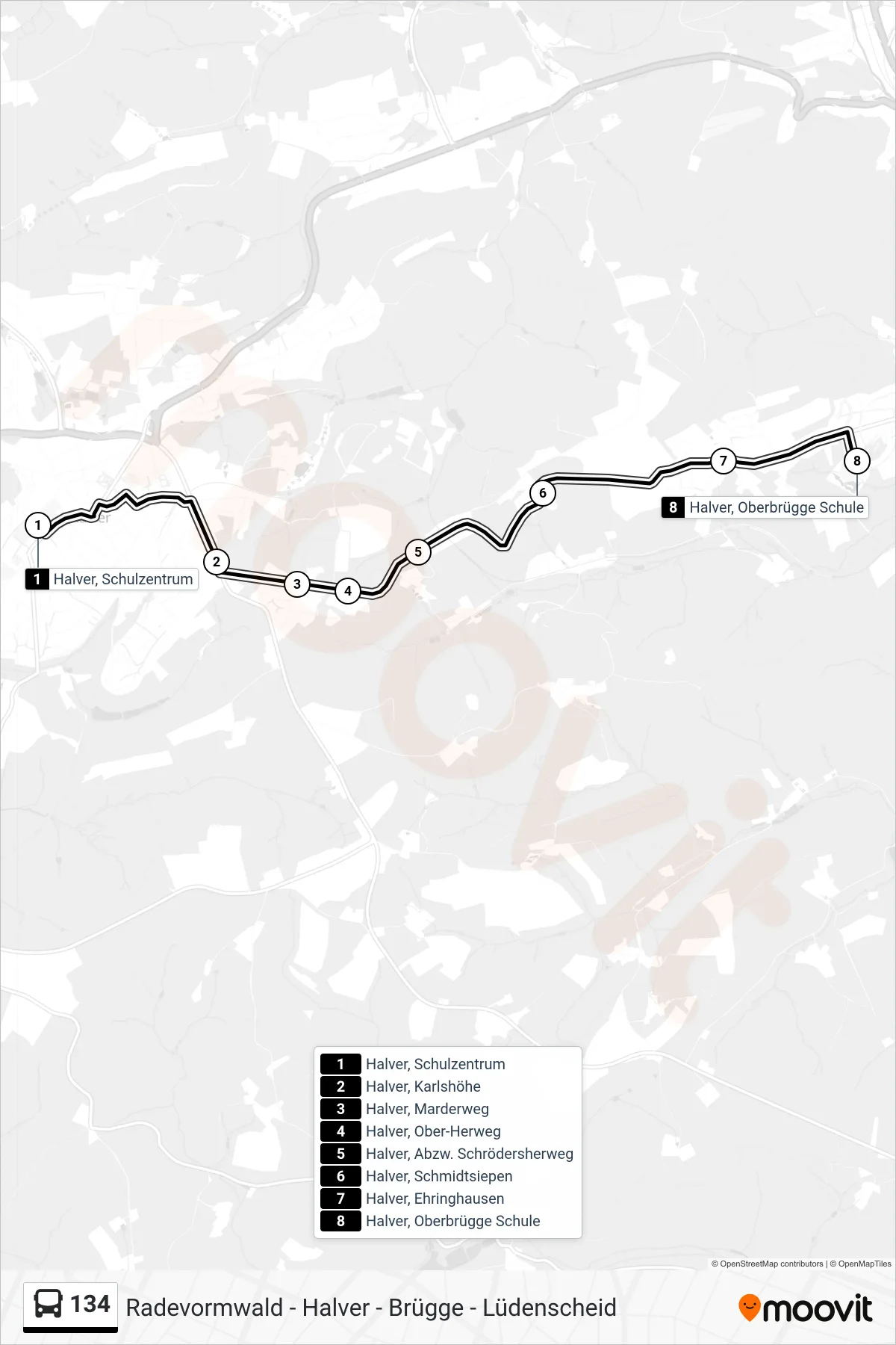 134 bus Line (Oberbrügge) route and stops on a map
