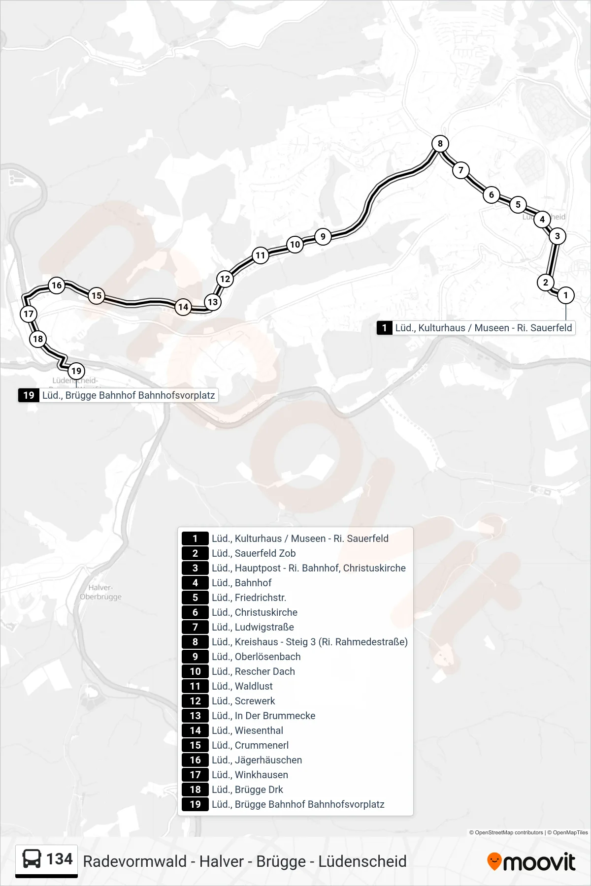 134 bus Line (Brügge Bf) route and stops on a map