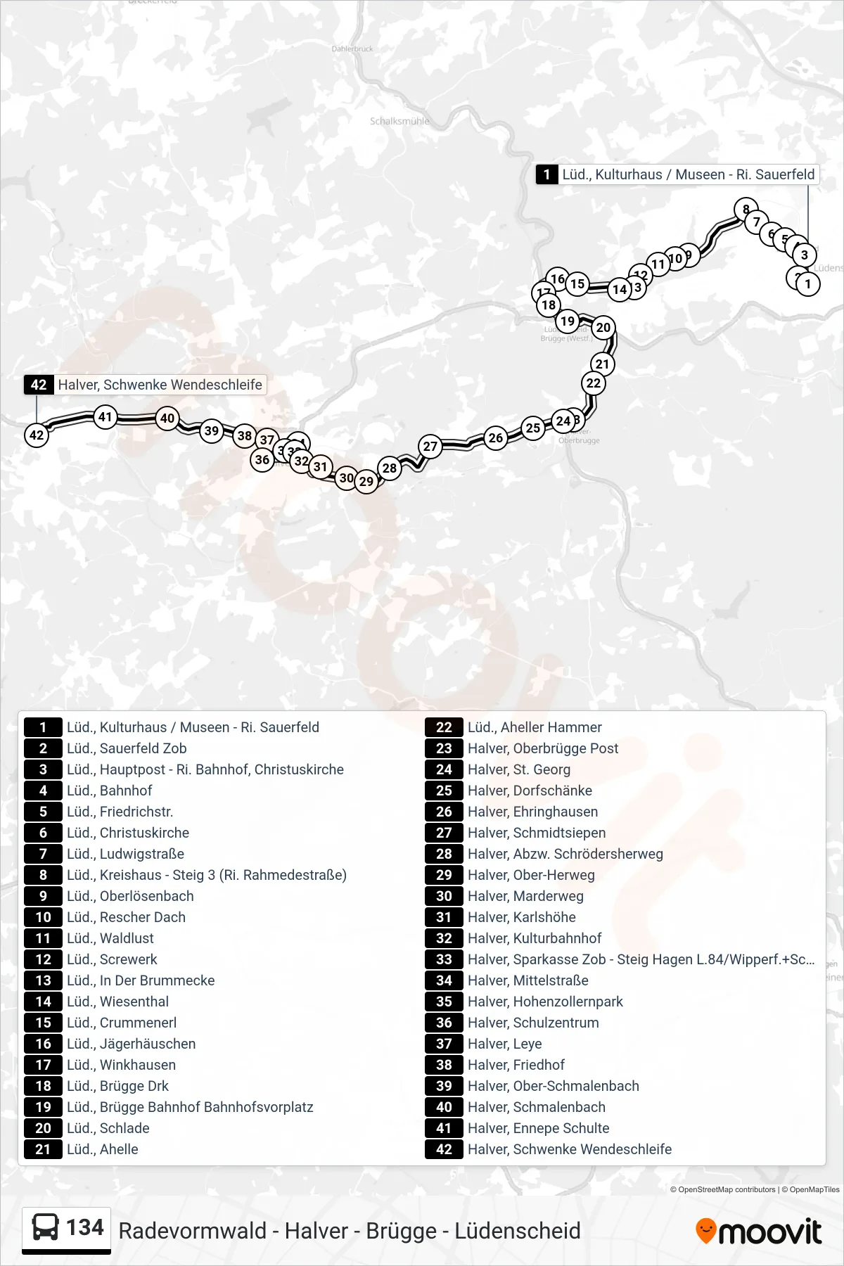 134 bus Line (Schwenke) route and stops on a map