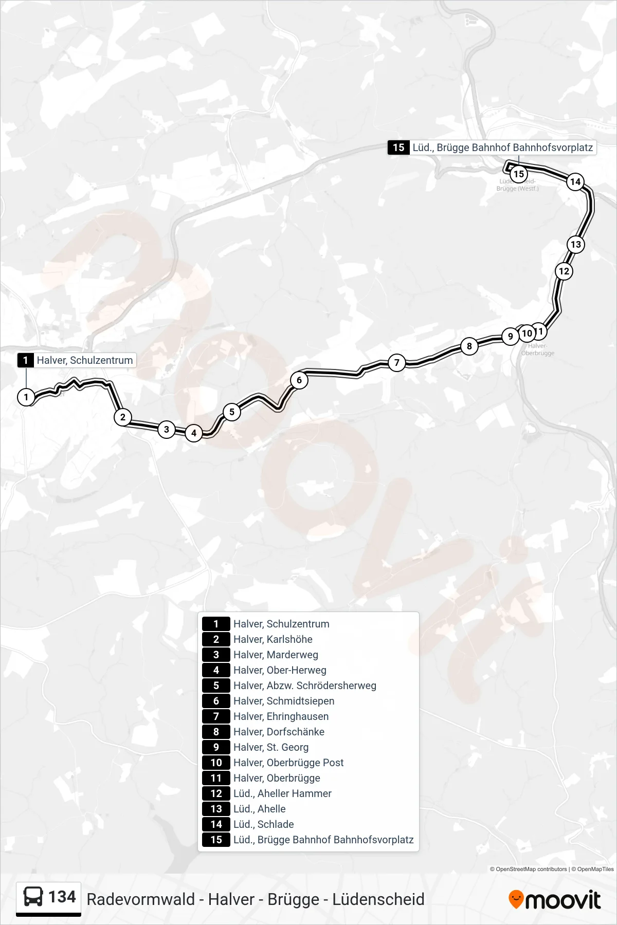 134 bus Line (Brügge Bf) route and stops on a map