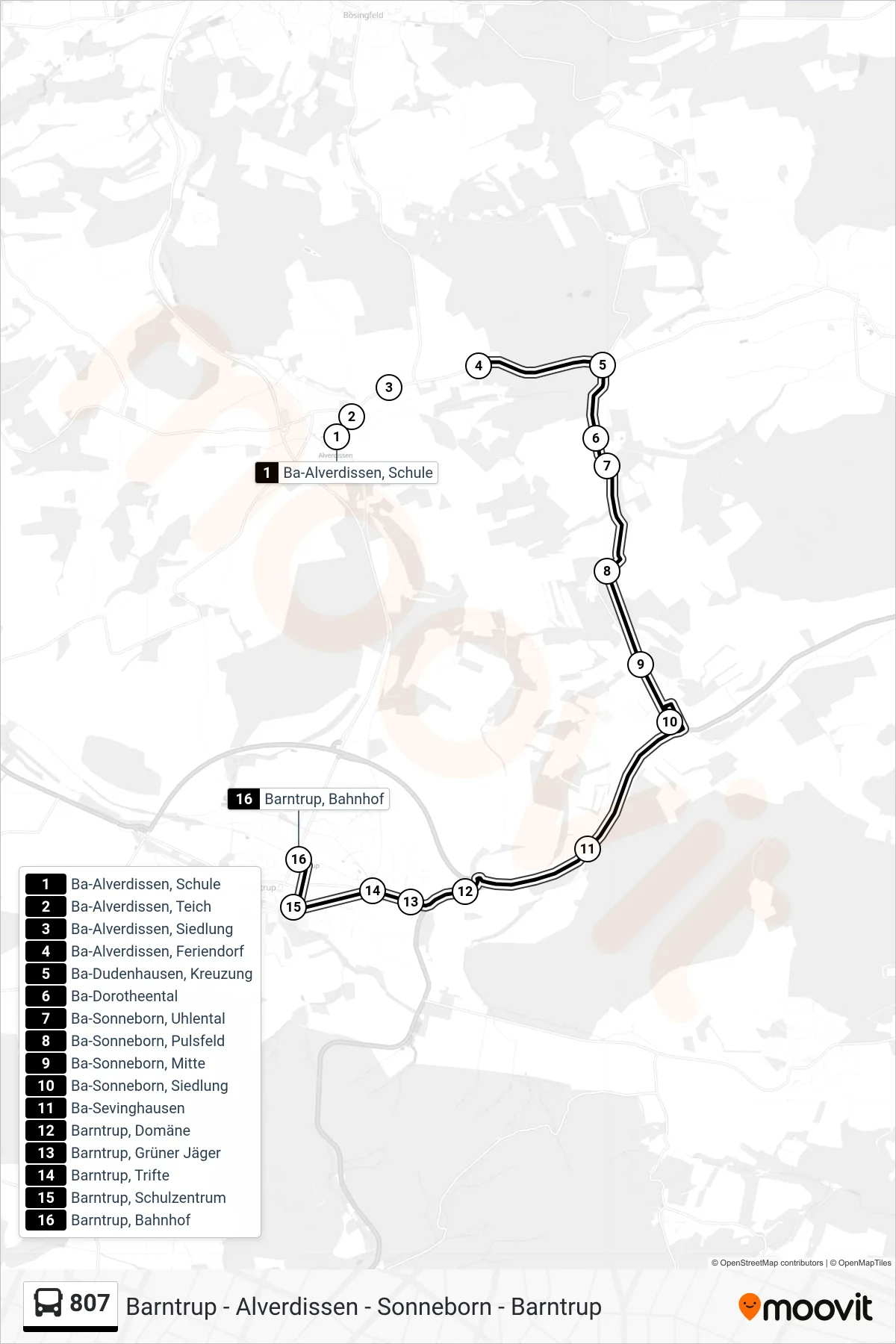 807 bus Line (Barntrup) route and stops on a map