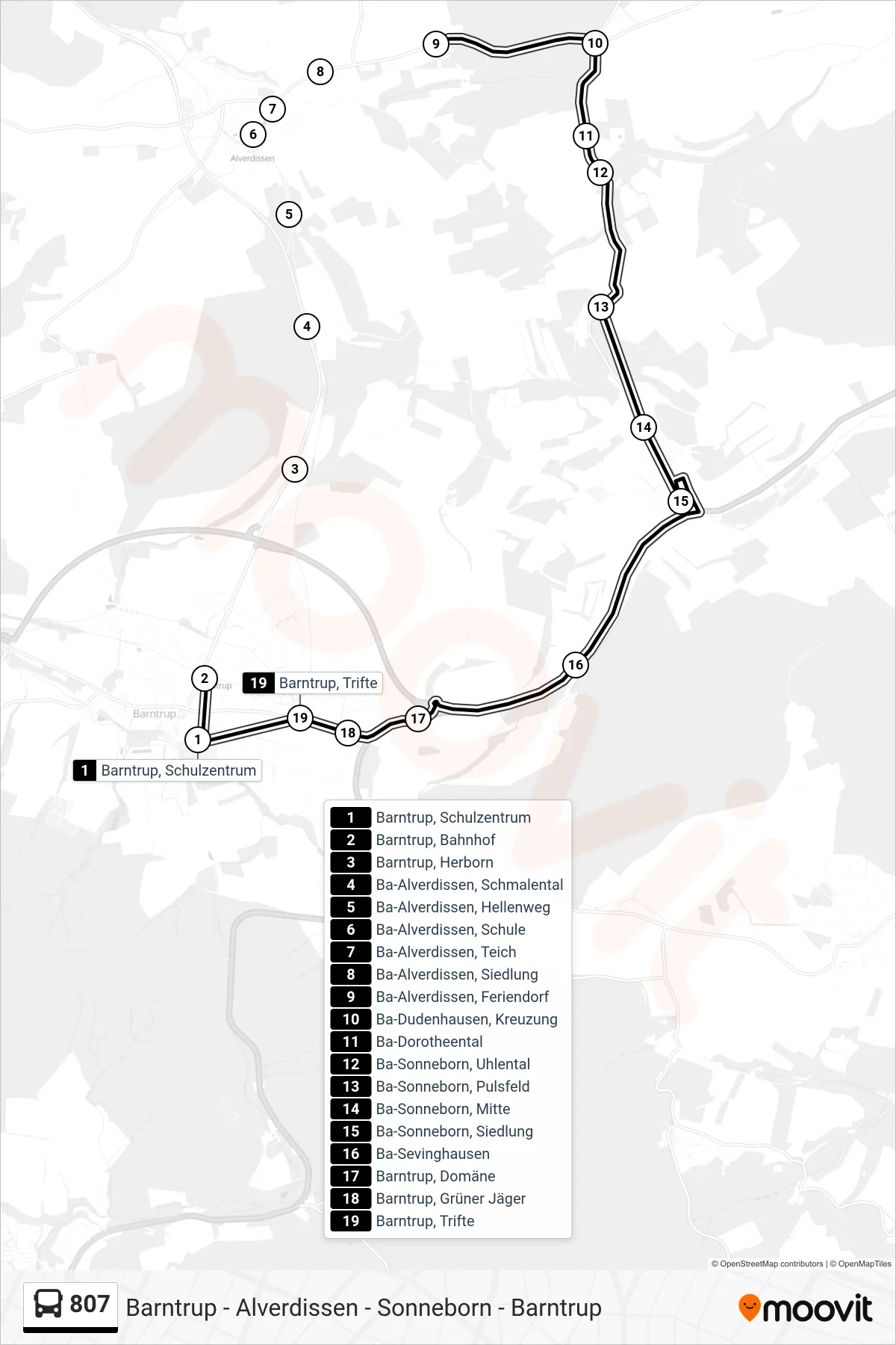 807 bus Line (Barntrup, Bahnhof) route and stops on a map
