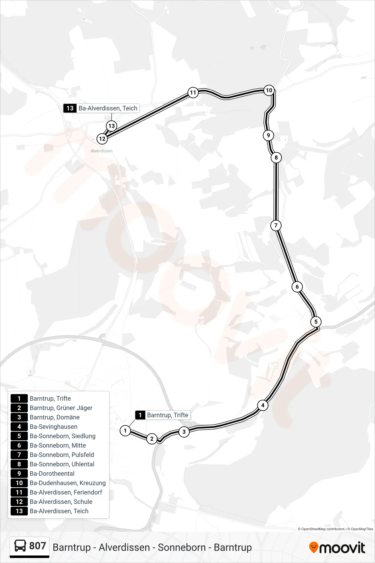 Linie 807 (Bus) Richtung Ba-Alverdissen, Teich: Route und Haltestellen auf der Karte