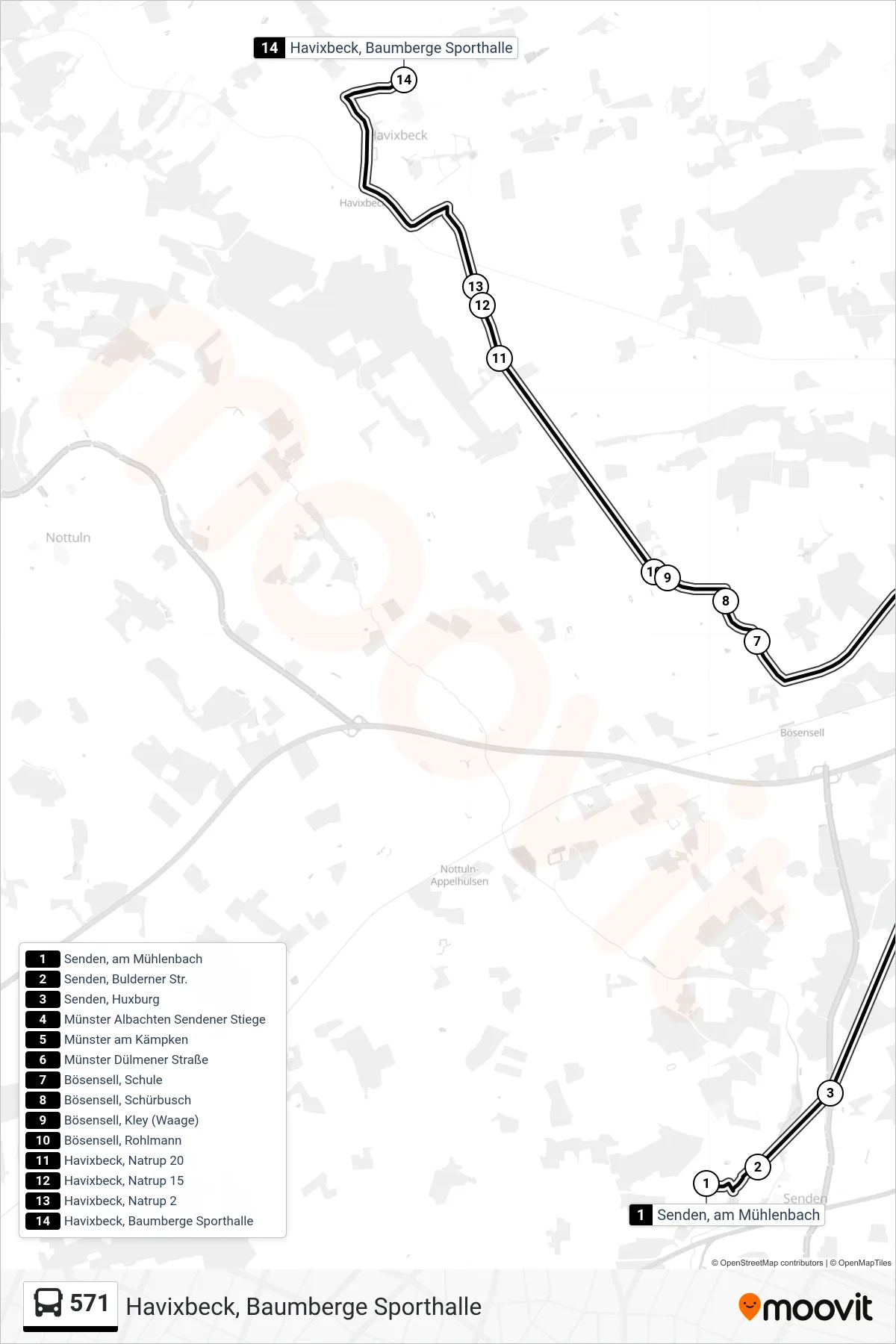 Linie 571 (Bus) Richtung Havixbeck, Baumberge Sporthalle: Route und Haltestellen auf der Karte