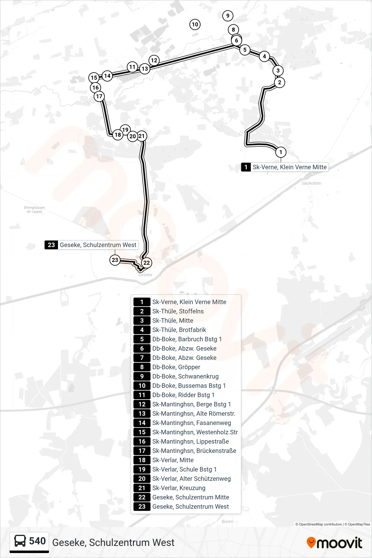 540 bus Line (Geseke, Schulzentrum West) route and stops on a map