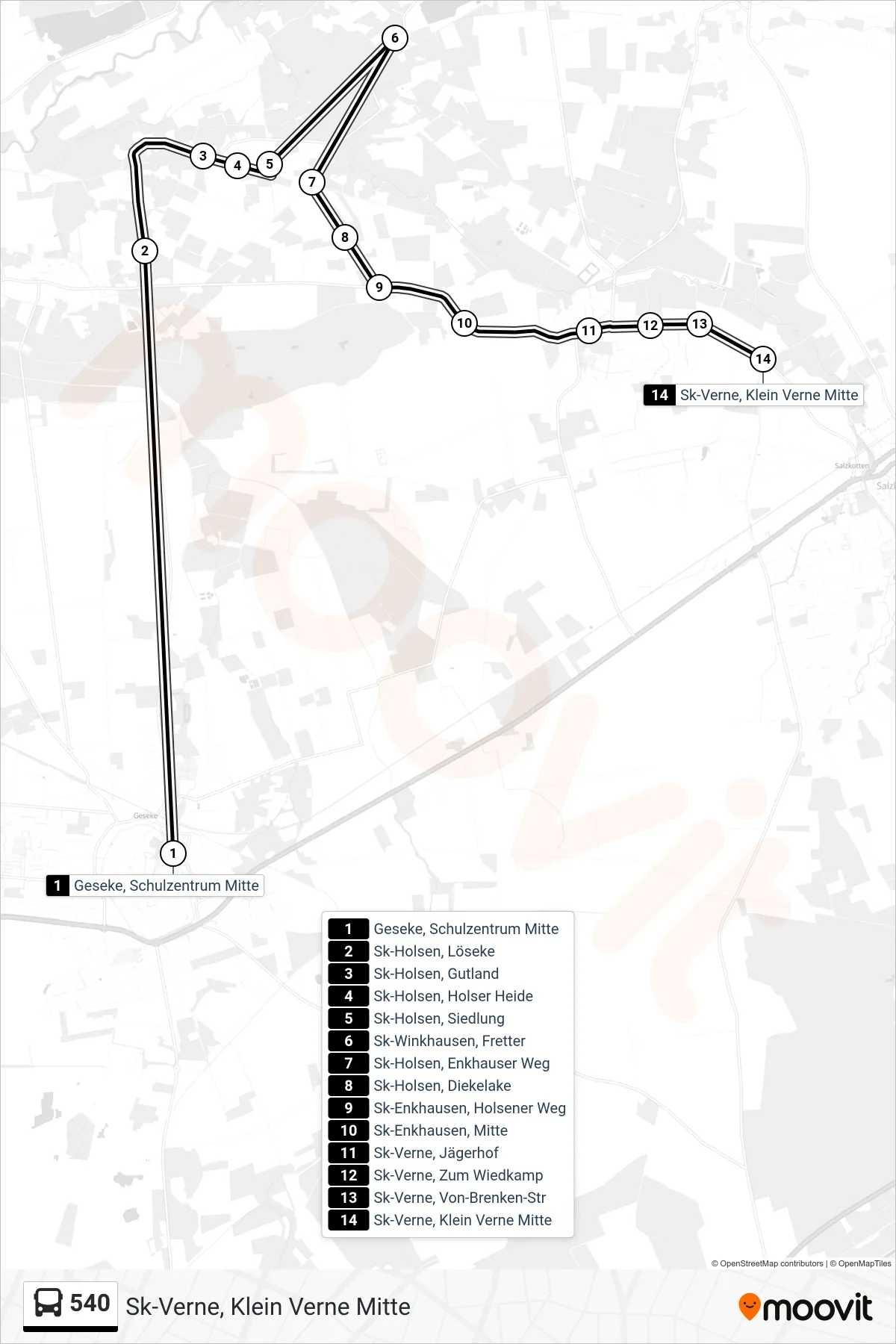 540 bus Line (Sk-Verne, Klein Verne Mitte) route and stops on a map