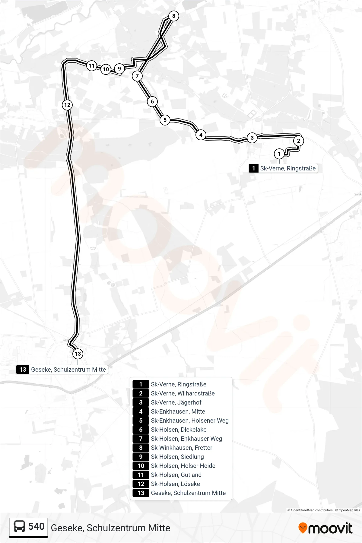 540 bus Line (Geseke, Schulzentrum Mitte) route and stops on a map