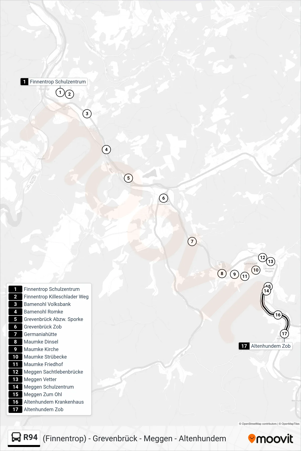R94 bus Line (Altenhundem Zob Bstg 1b) route and stops on a map