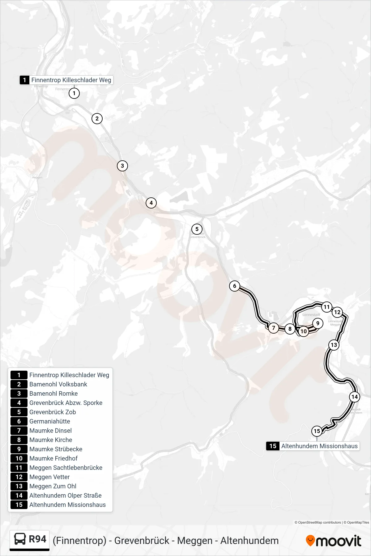 R94 bus Line (Altenhundem Missionshaus) route and stops on a map