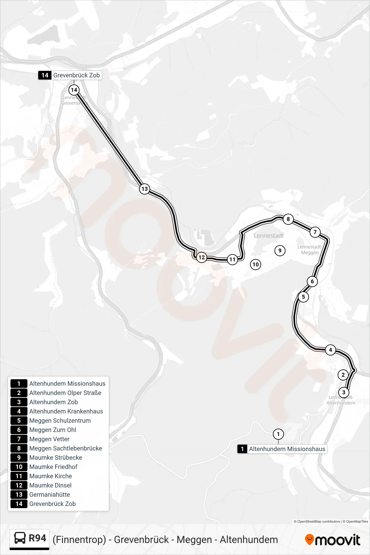 R94 bus Line (Grevenbrück Zob Bstg 1a) route and stops on a map