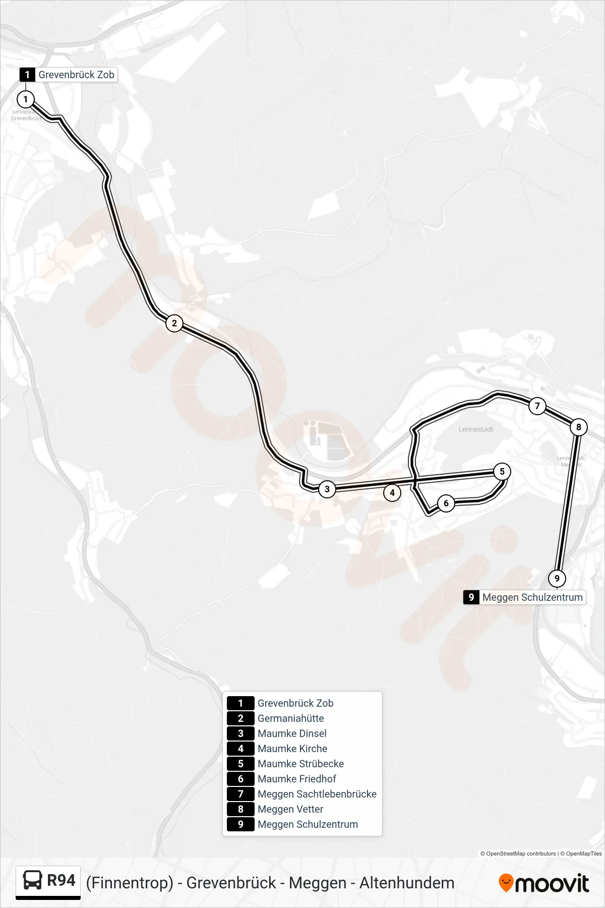 R94 bus Line (Meggen Schulzentrum) route and stops on a map