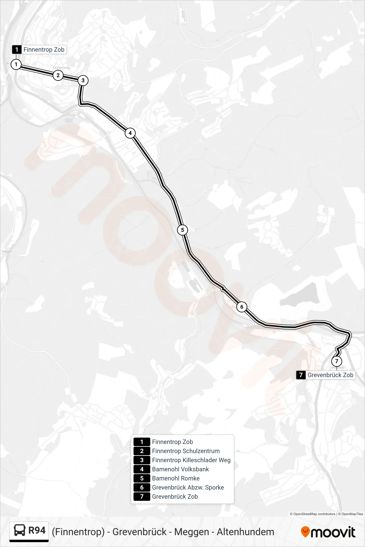 R94 bus Line (Grevenbrück Zob Bstg 1a) route and stops on a map