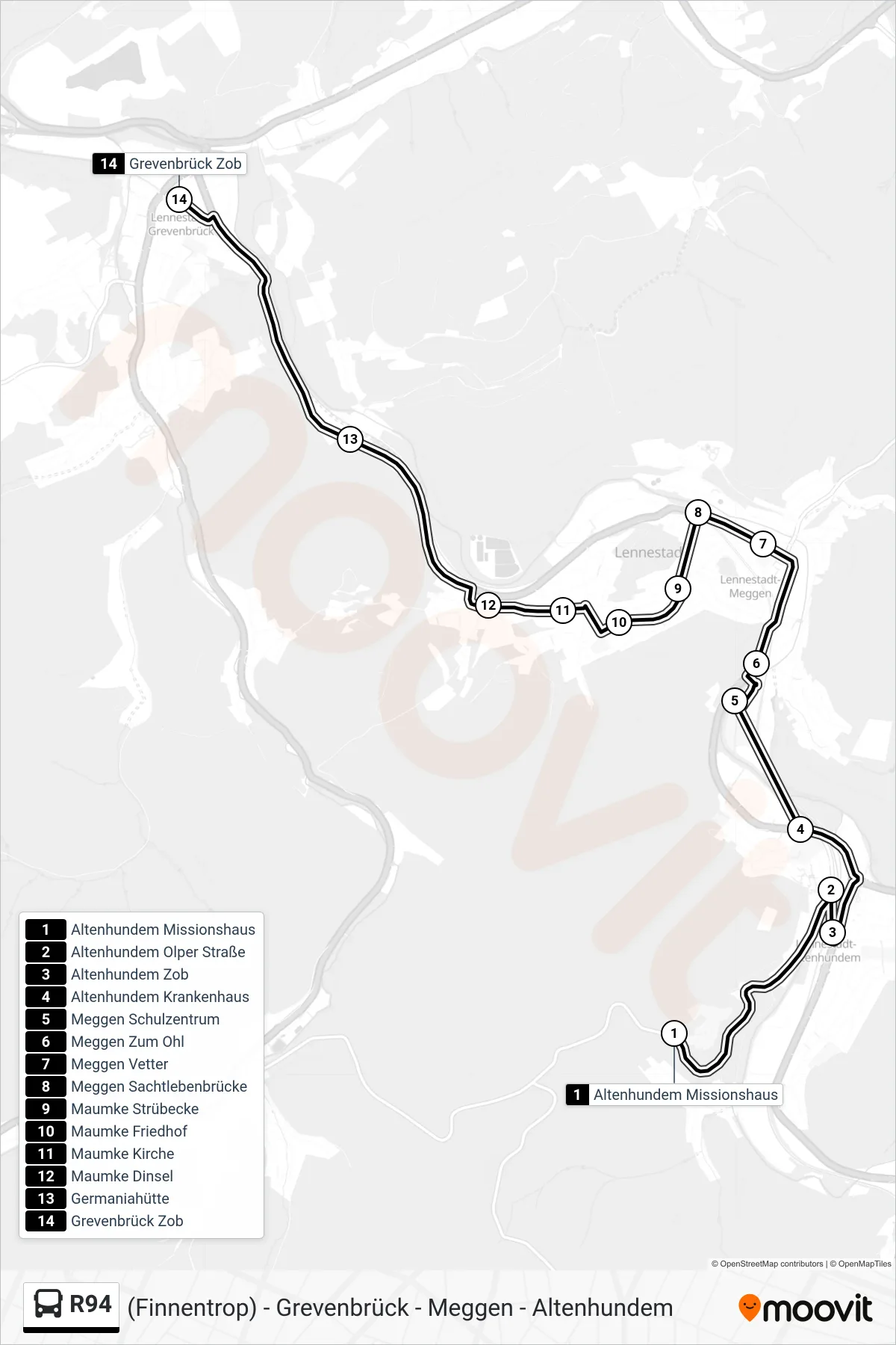 R94 bus Line (Grevenbrück Zob Bstg 2b) route and stops on a map
