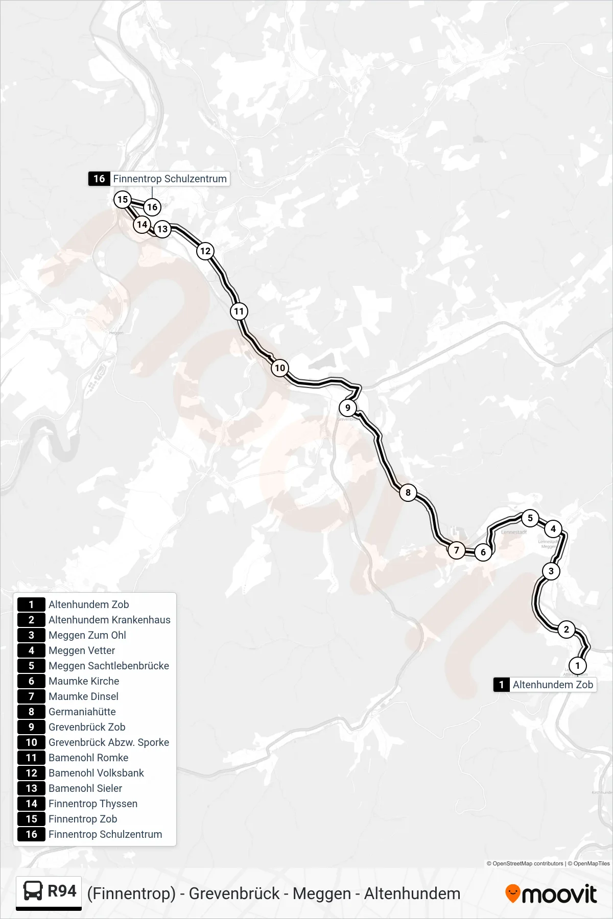 R94 bus Line (Finnentrop Schulzentrum) route and stops on a map