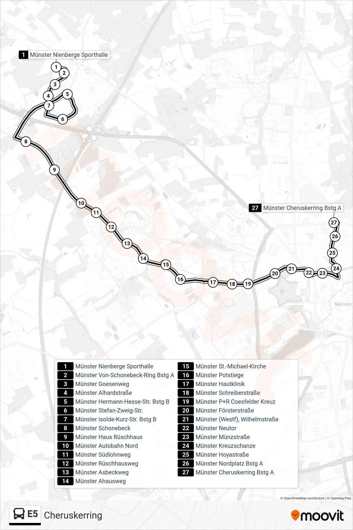 Linie E5 (Bus) Richtung Cheruskerring: Route und Haltestellen auf der Karte