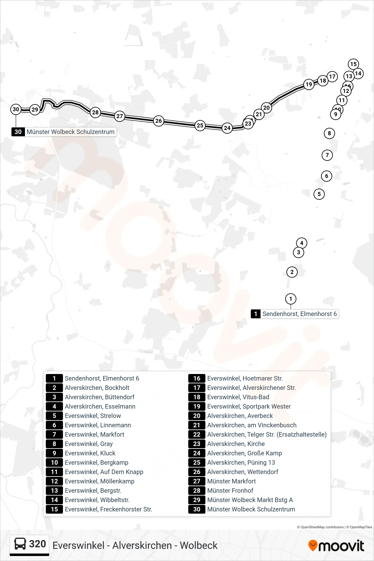 320 bus Line (Münster Wolbeck Schulzentrum) route and stops on a map