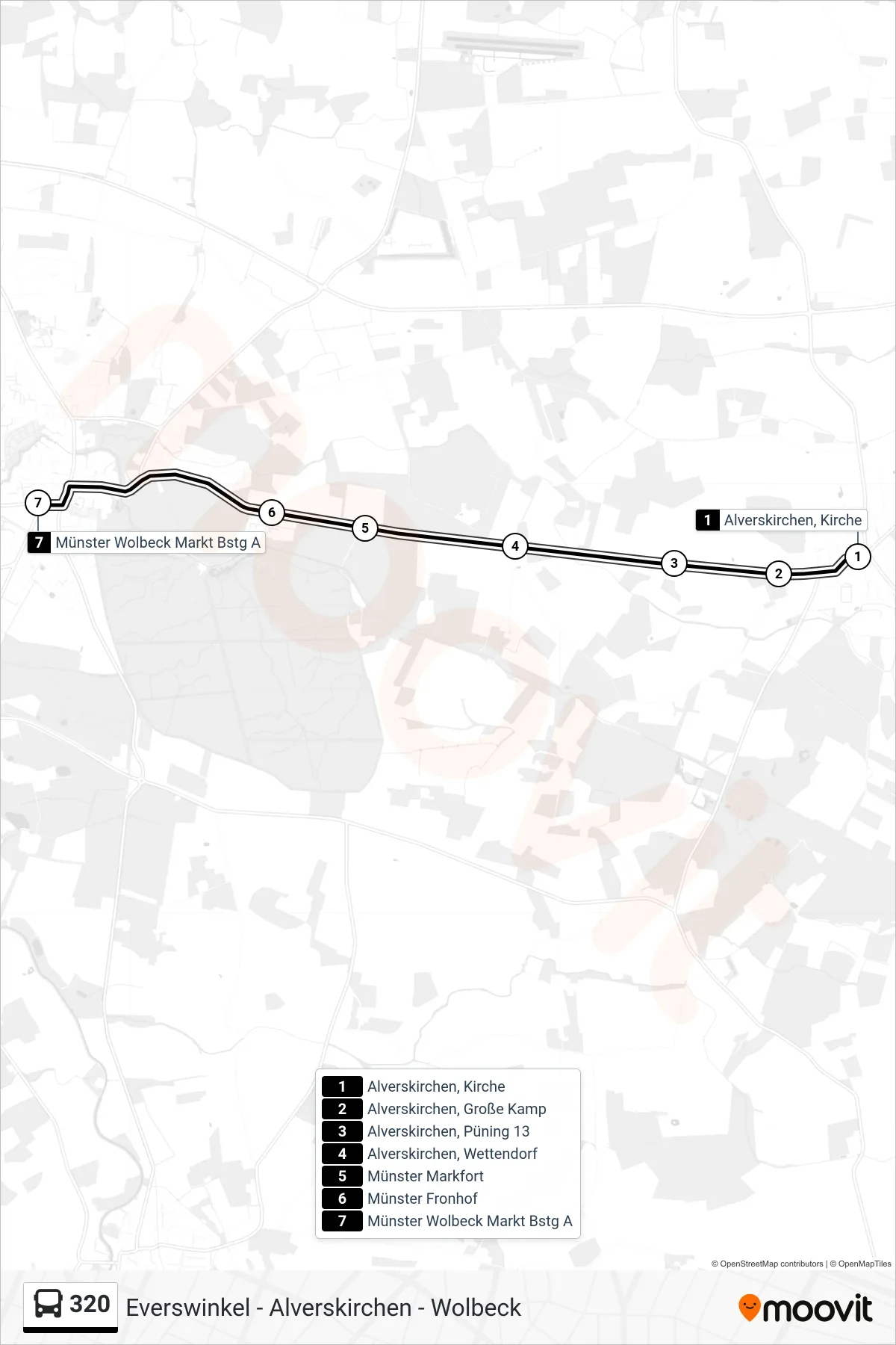 320 bus Line (Münster Wolbeck Markt Bstg A) route and stops on a map