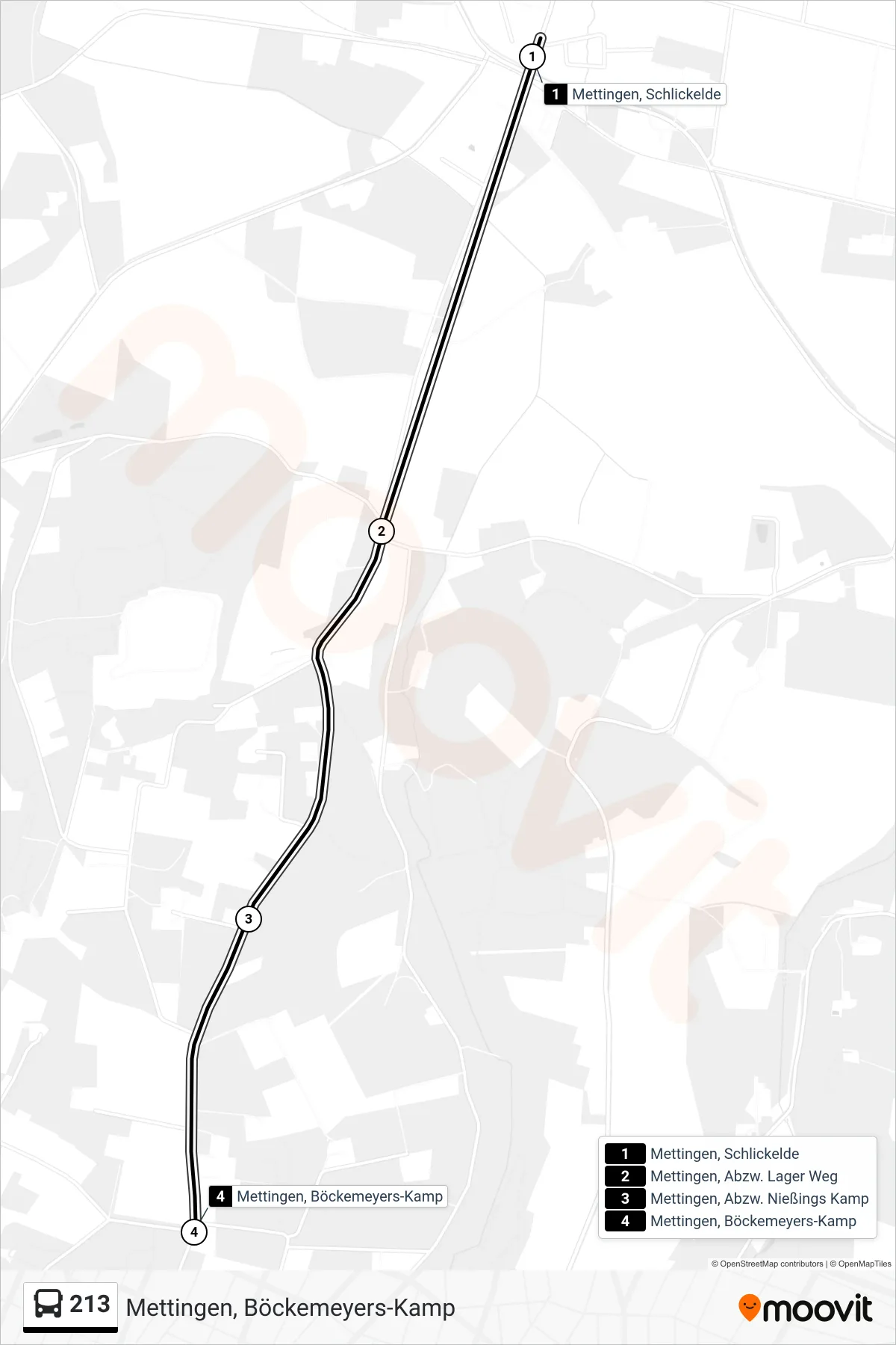 Linie 213 (Bus) Richtung Mettingen, Böckemeyers-Kamp: Route und Haltestellen auf der Karte