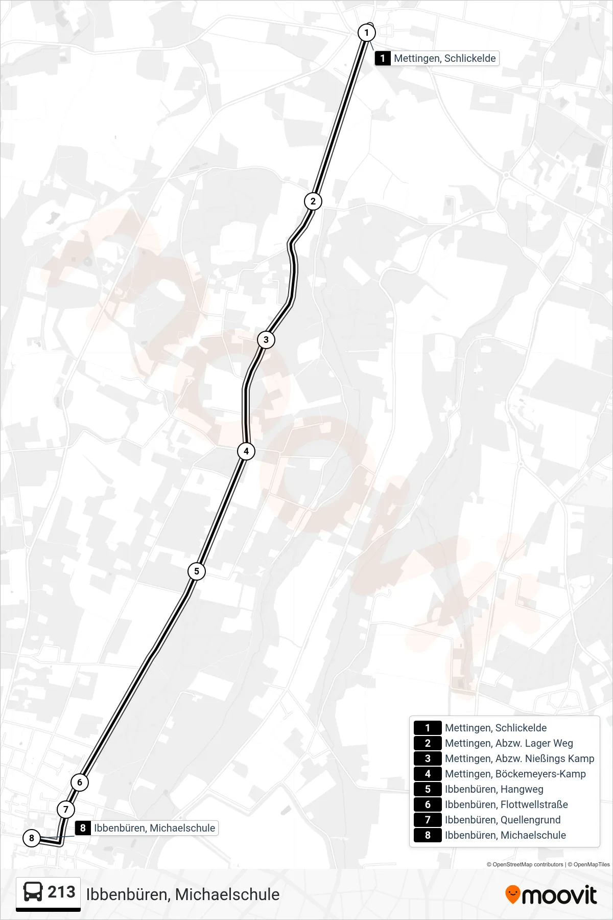 213 bus Line (Ibbenbüren, Michaelschule) route and stops on a map