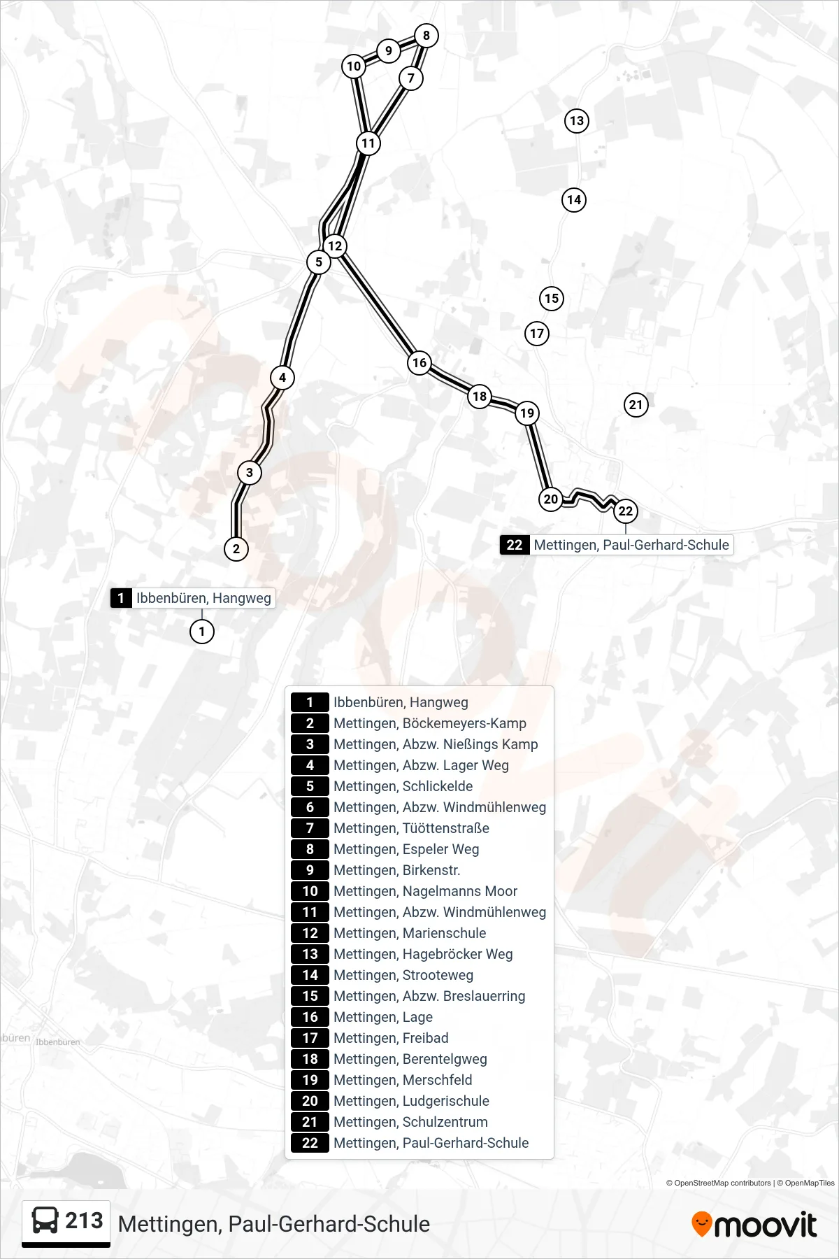 Linie 213 (Bus) Richtung Mettingen, Paul-Gerhard-Schule: Route und Haltestellen auf der Karte