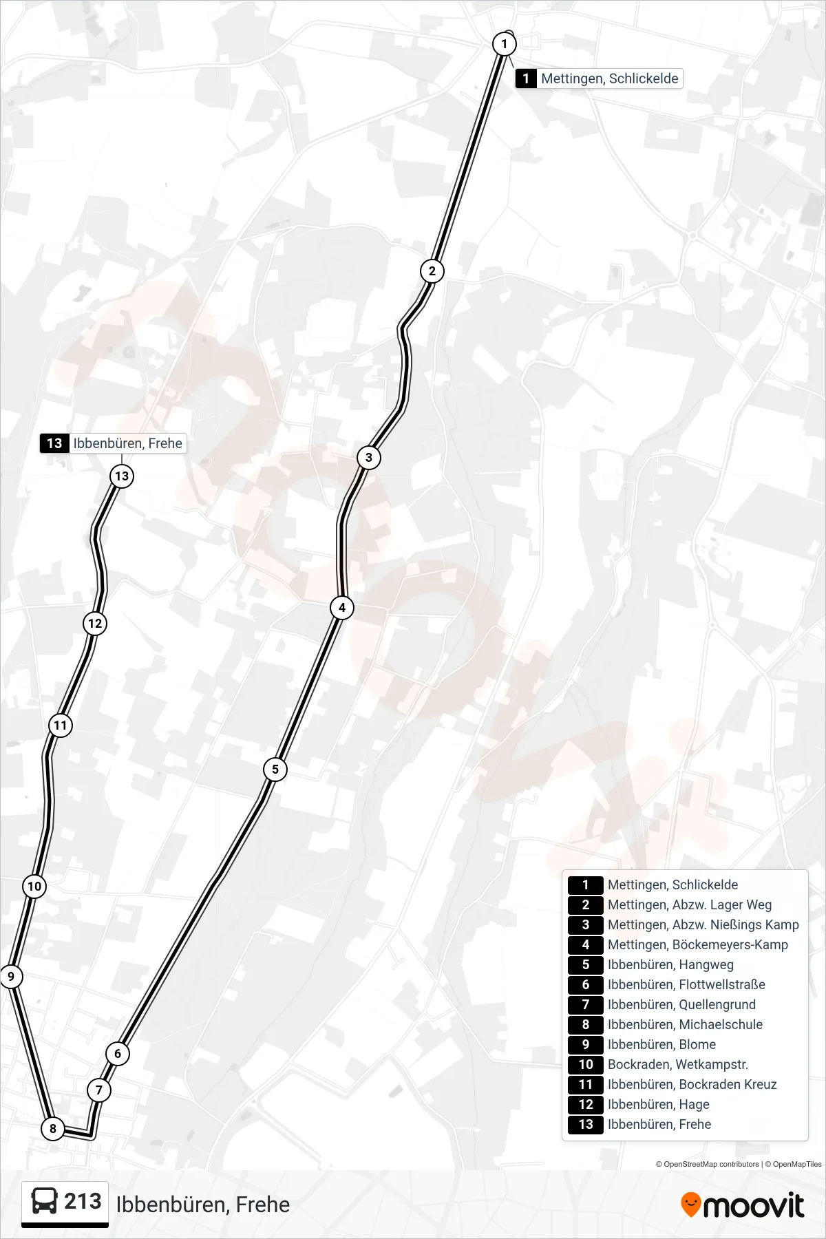 213 bus Line (Ibbenbüren, Frehe) route and stops on a map